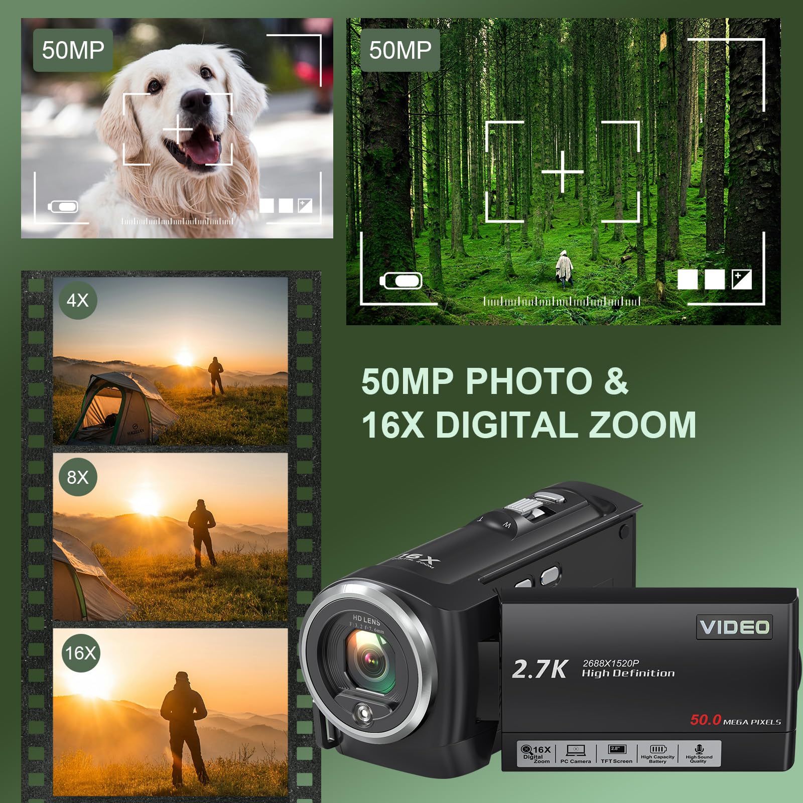 Amazon | 2.7K ビデオカメラ カムコーダー QHD 50MP YouTube Vlog