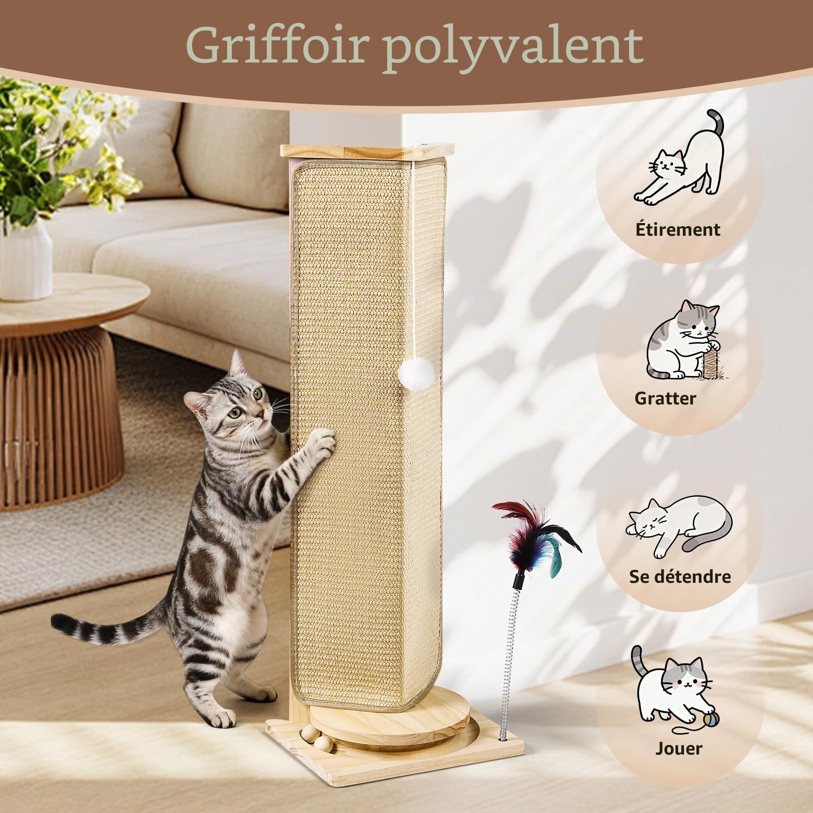 Griffoir d'angle pour chat de 78,7 cm de haut avec balles interactives, griffoir en sisal remplaçable pour chats d'intérieur, protection de meubles pour mur de canapé