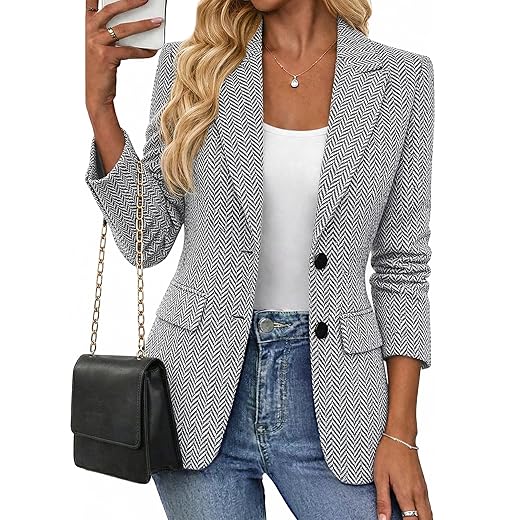 Mina Self Blazer feminino 2026 Spring Herringbone Tweed – Jaqueta quente totalmente forrada com lapela entalhada xadrez para escritório com bolsos