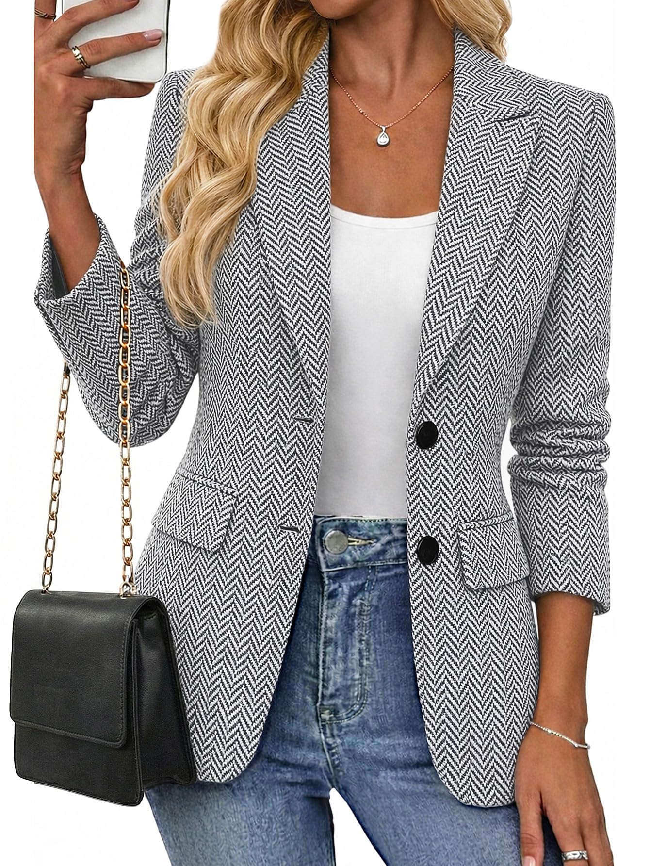 Mina Self 2026 Womens Spring Herringbone Tweed Blazer - Open Front Fully Lined Casual Work Office Jacket with
