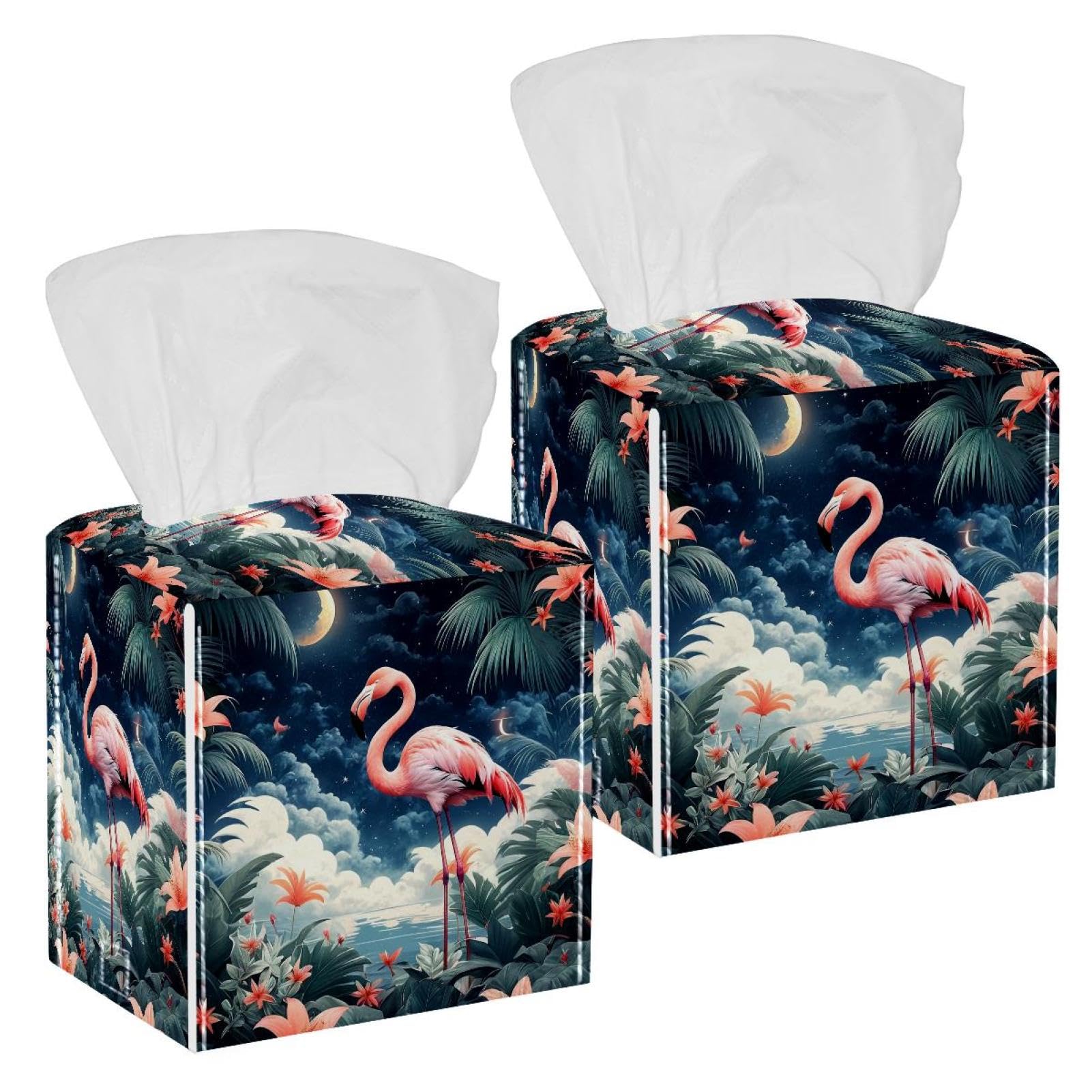 Flamingo Tissue Box Cover, 2 Pack PU Leather Square Facial Tissue Dispenser Box holder for Home Office Car