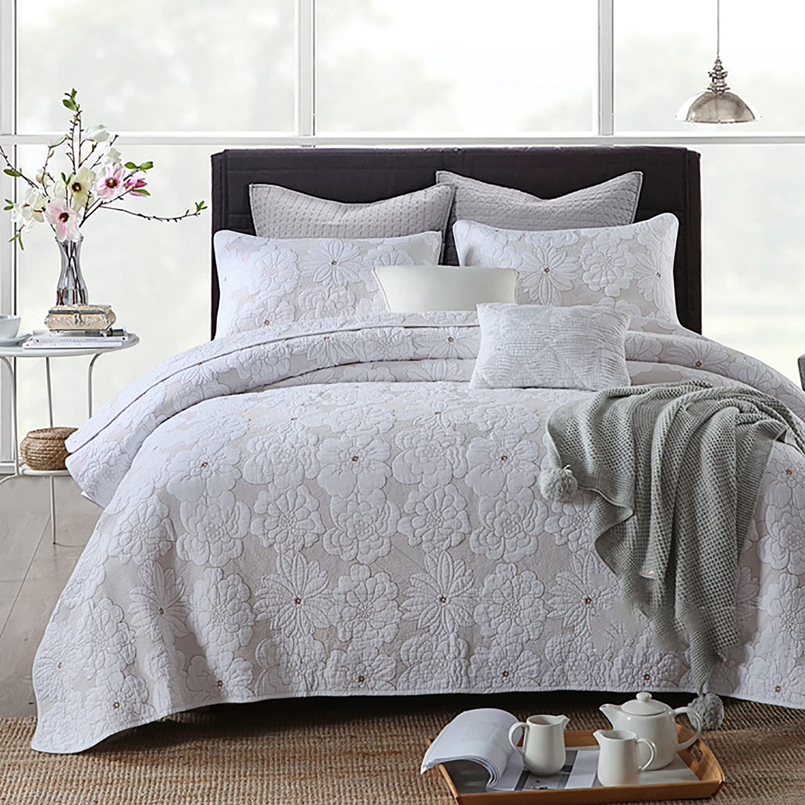 Parure de lit matelassée Queen Size beige 3 pièces 250x270 cm lavable