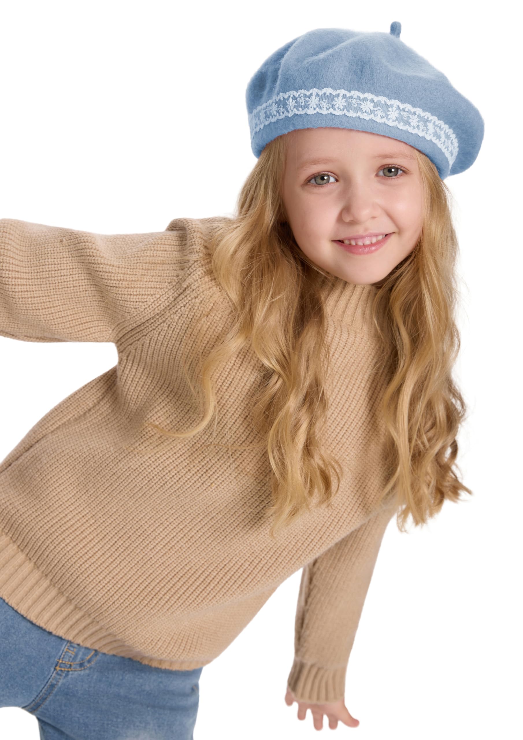 ZLYC Wool Kids Beret Hat Girls Solid Color Artist French Beret Cap(Lace Sky Blue),One Size - Image 4