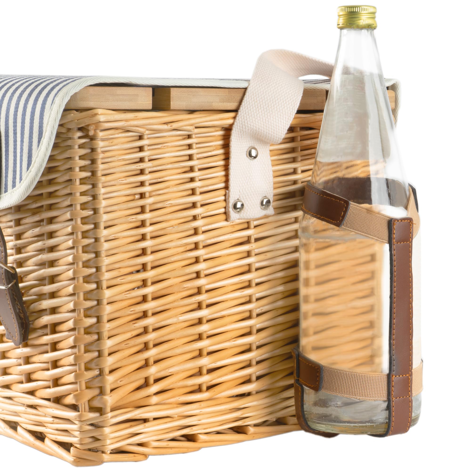 CampFeuer Cestino da picnic per 4 persone, con set di stoviglie e tavolo da portata, 25 pezzi, con motivo interno a righe, cestino in vimini con cinturino in similpelle, borsa da picnic, set da picnic