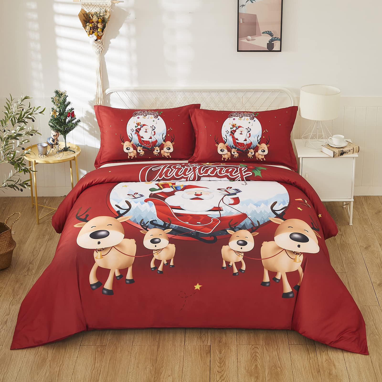 HMtideby Copripiumino Natalizio King Size 240x220cm, Set Biancheria da Letto Copripiumino Natalizio Modello Satus, Copripiumino Rosso per Decorazioni di Capodanno