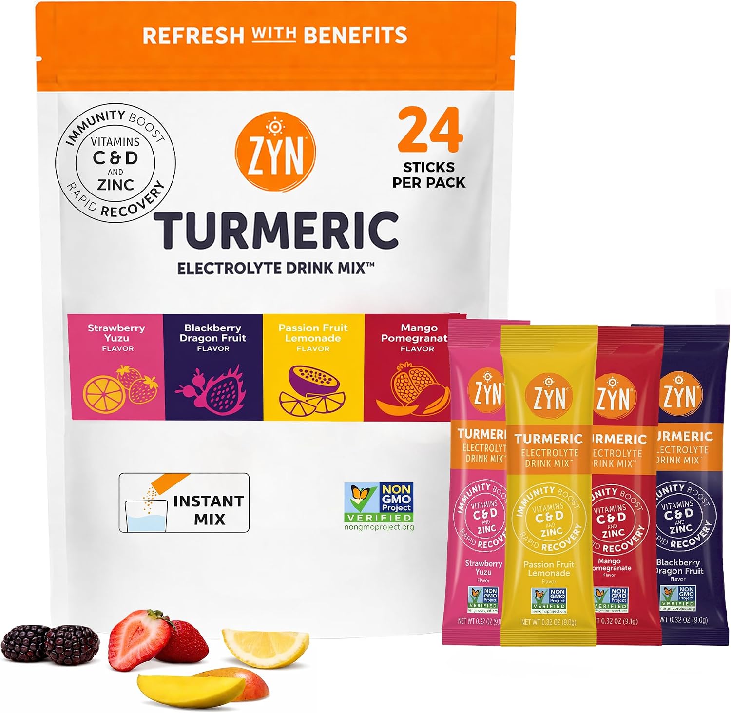 ZYN Electrolyte Drink Mix Hydration Packets, Electrolytes Powder, Hydration Packets w/Turmeric Curcumin, Vitamin C and D, Zinc, Hydrate Electrolyte Powder Packets for Wellness, Variety Pack of 24