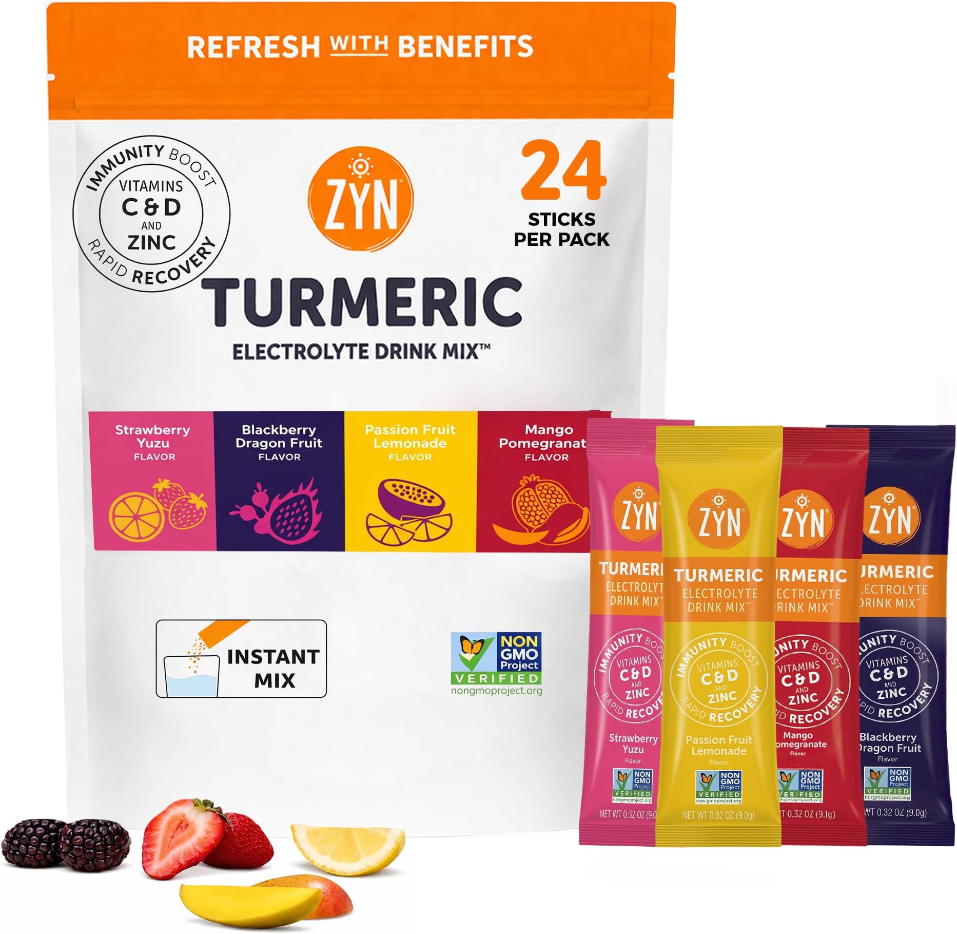 Electrolyte Drink Mix Hydration Packets, Electrolytes Powder, Hydration Packets w/Turmeric Curcumin, Vitamin C and D, Zinc, Hydrate Electrolyte Powder Packets for Wellness, Variety Pack of 24