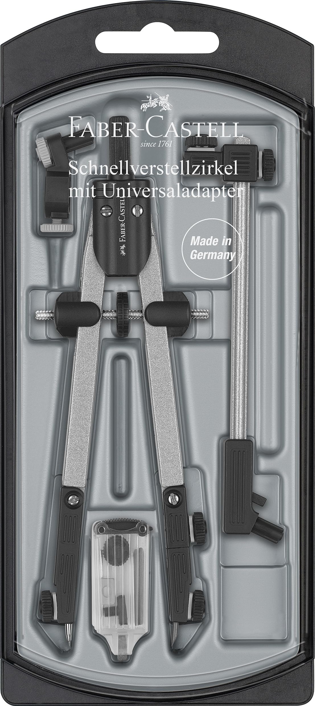 Faber-Castell 174045 - Compás de Ajuste Rápido con Adaptador Aniversal + Alargadera y Accesorios