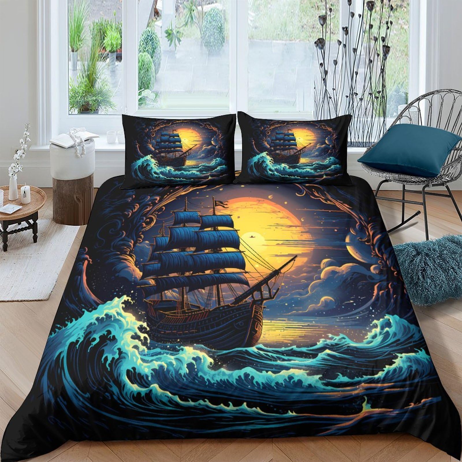 Ctjqhvkz Style-9 3D Printed Pirate Ship Sunset Fitted Sheet Microfiber Ocean Wave Mattress Cover For Bedroom Home Decor Single（135X200cm）