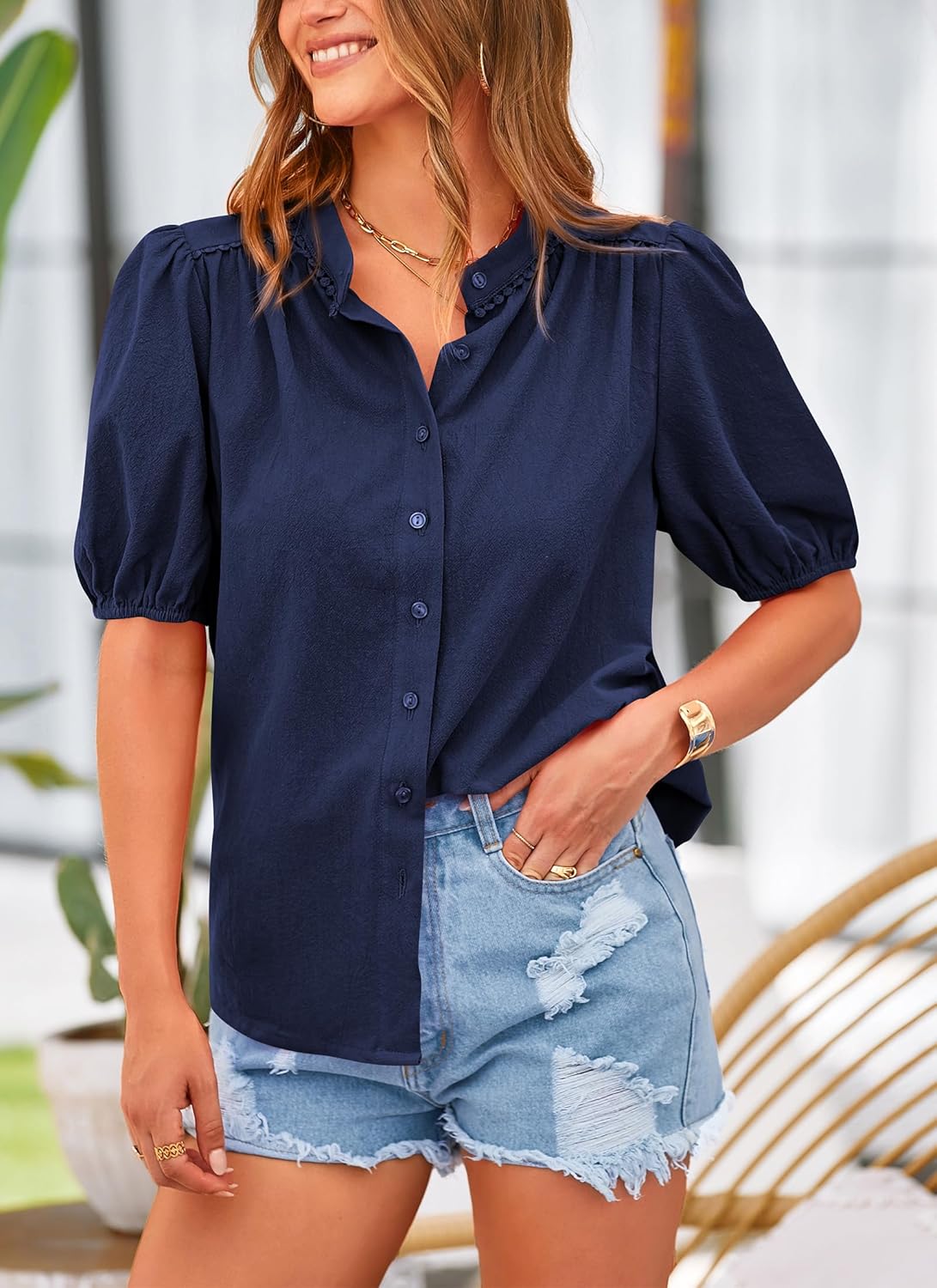 PRETTYGARDEN Women's 2026 Summer Button Down Shirts Short Lantern Sleeve V Neck Cotton Cute Tops Dressy Casual Blouses - Image 3