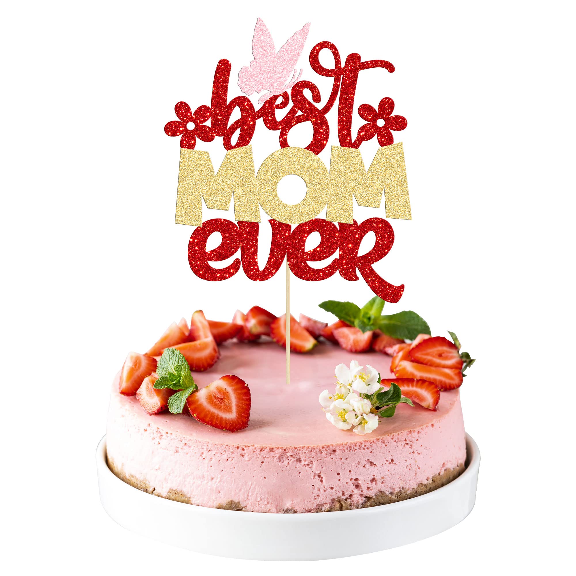 1Pcs Happy Mother's Day Cake Topper Glitter Best Mom Ever Cake Picks Butterfly Mom Cake Decorations for Happy Mother's Day Birthday Party Cake Decorations Supplies Rose Gold Red