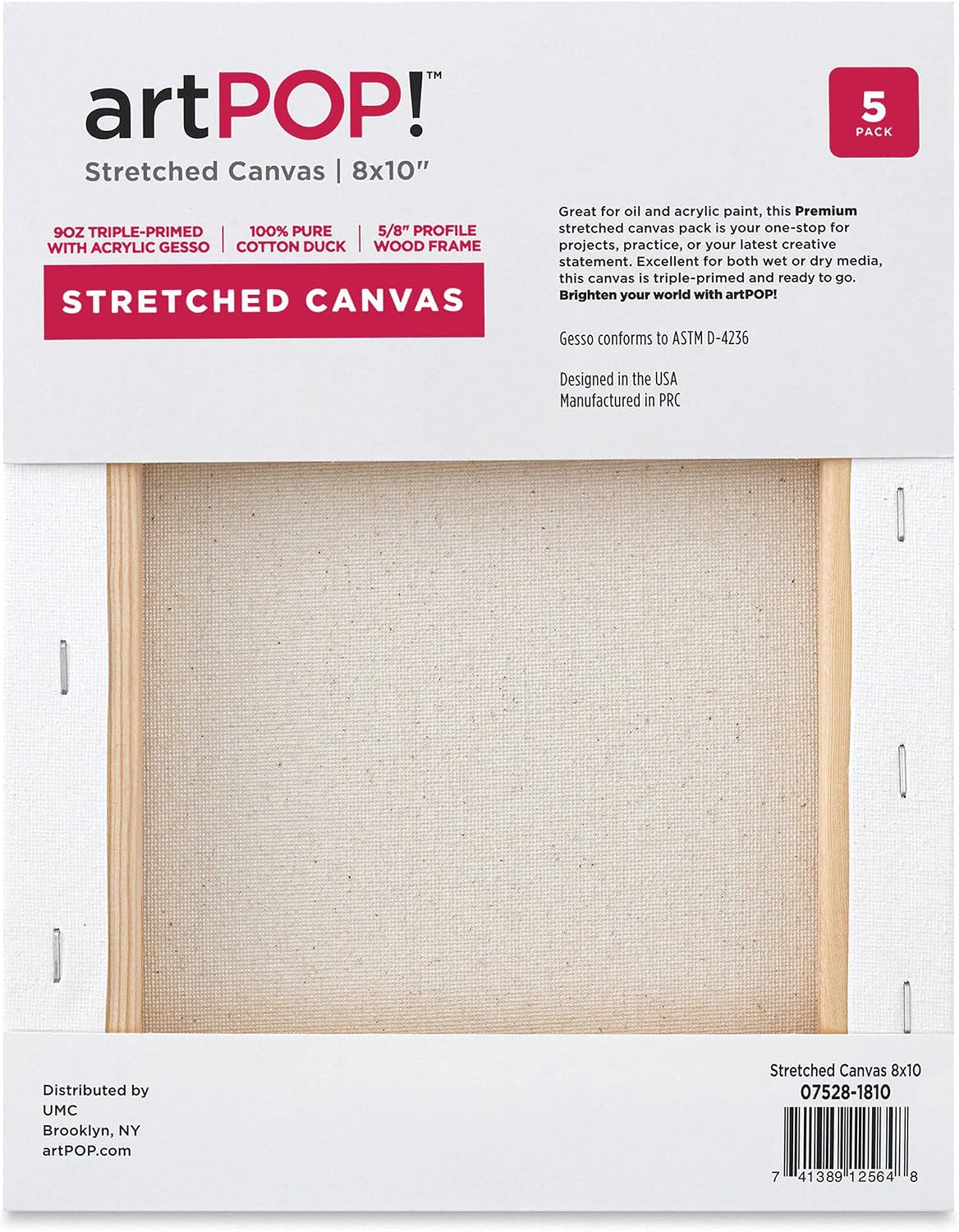 artPOP! Stretched Canvas Pack - 8" x 10" Canvas, Package of 5, 100% Pure Cotton Duck Canvas, Triple-Primed with Acrylic Gesso, 5/8" Profile, Durable Wood Frame