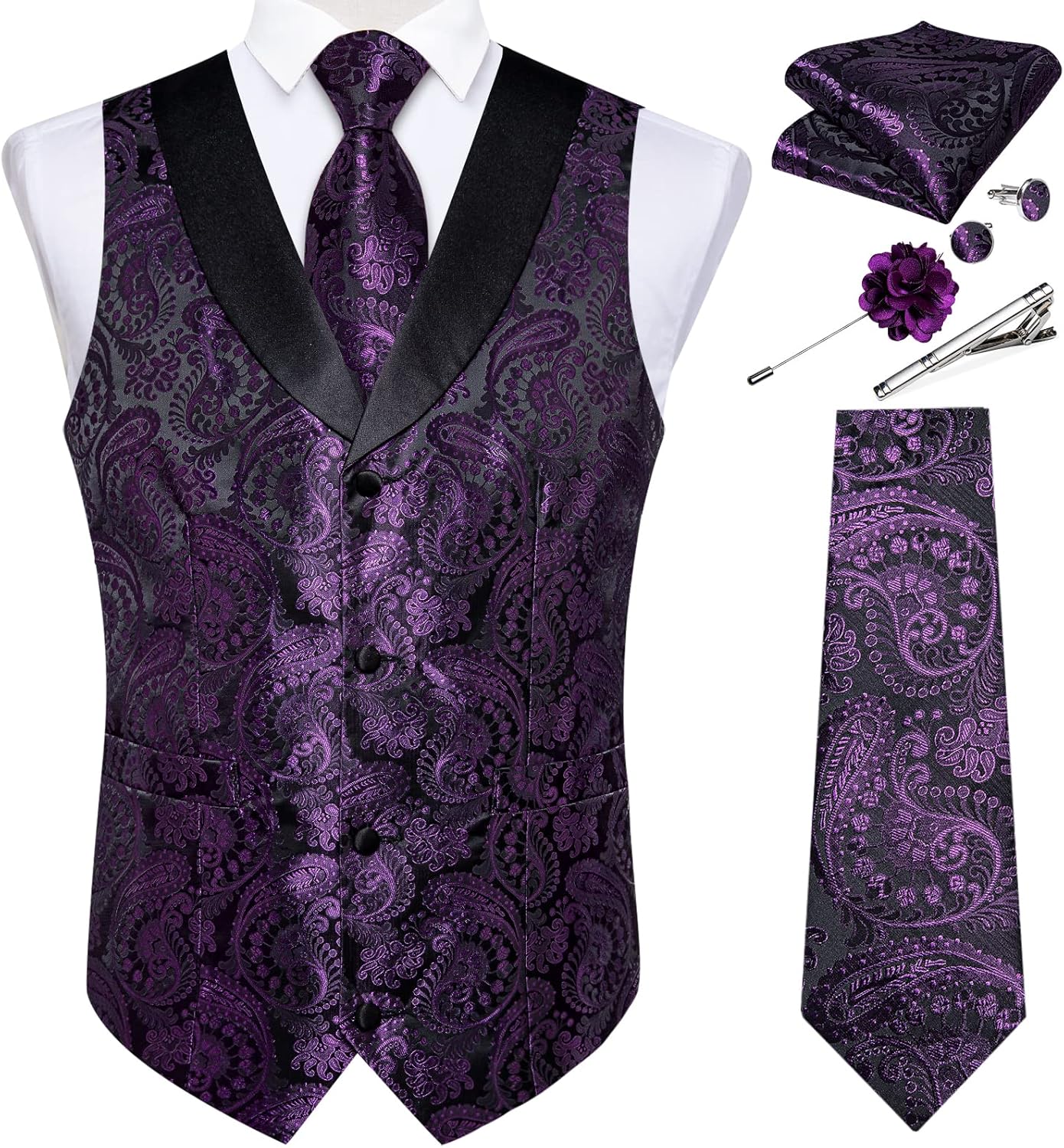 DiBanGu Mens Paisley Suit Vest Silk Jacquard Waistcoat and Necktie Set Formal Shawl Collar Dress Vest 7PCS for Wedding Party