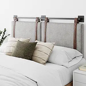 Nathan James Harlow Modern Wall Mount Hanging Headboard, King, Gray with Brown Faux Leather Straps