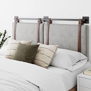 Nathan James Harlow Modern Wall Mount Hanging Headboard, Queen, Gray with Brown Faux Leather Straps