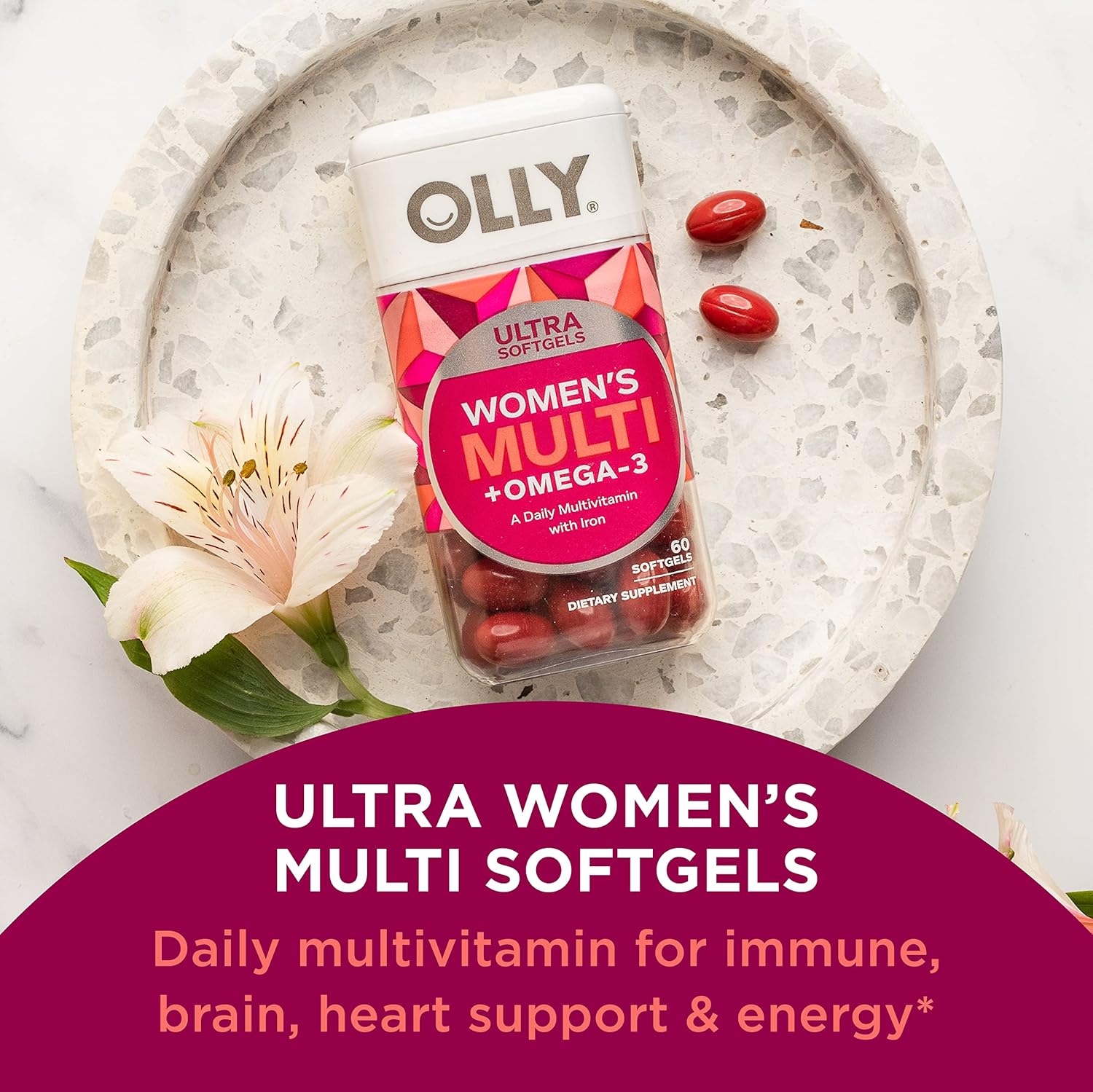 OLLY Ultra Women's Multi Softgels, Overall Health and Immune Support, Omega-3s, Iron, Vitamins A, D, C, E, B12, Daily Multivitamin, 30 Day Supply - 60 Count : Health & Household
