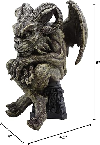 Miniatura 9 de Ebros Gift Gárgola con cuernos de carnero alado sentado en la catedral, estatua de pedestal de 6 pulgadas de alto, Osario de fantasía oscura,