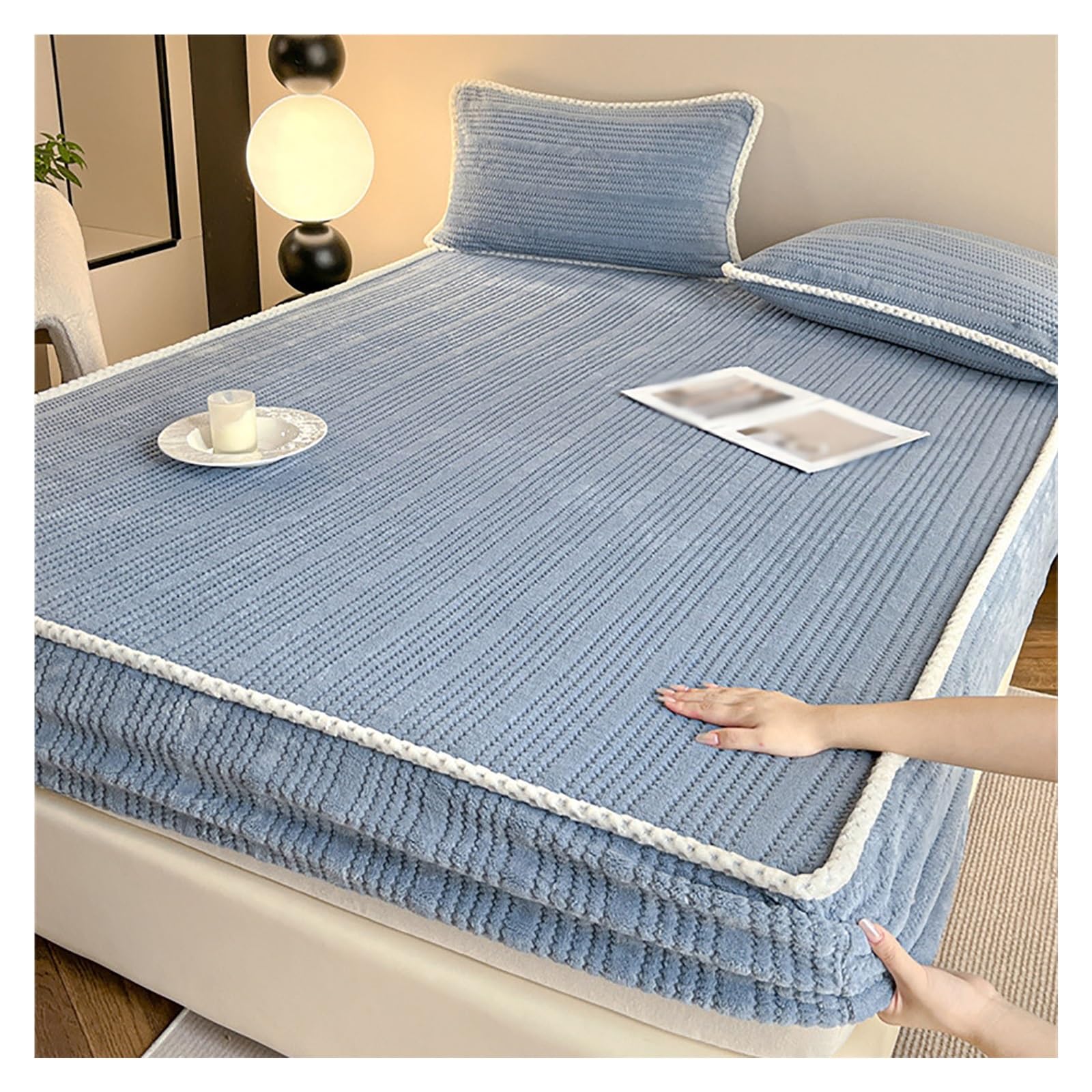 Drap-Housse en Velours de Lait Bleu 150x200 cm Épais pour Matelas d'Hiver et Toutes Saisons