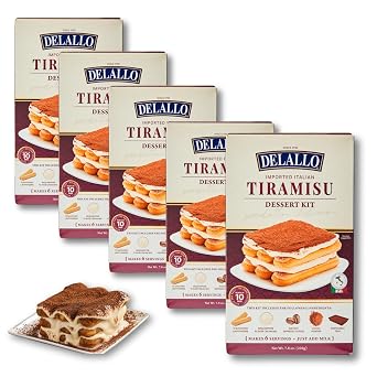 DeLallo Tiramisu Kit, No-Bake Italian Dessert Mix, Tiramisu Cake Mix with Savoiardi Lady Fingers and Mascarpone Cheese Filling, Includes Instant Espresso Powder and Cocoa Powder 5 Pack