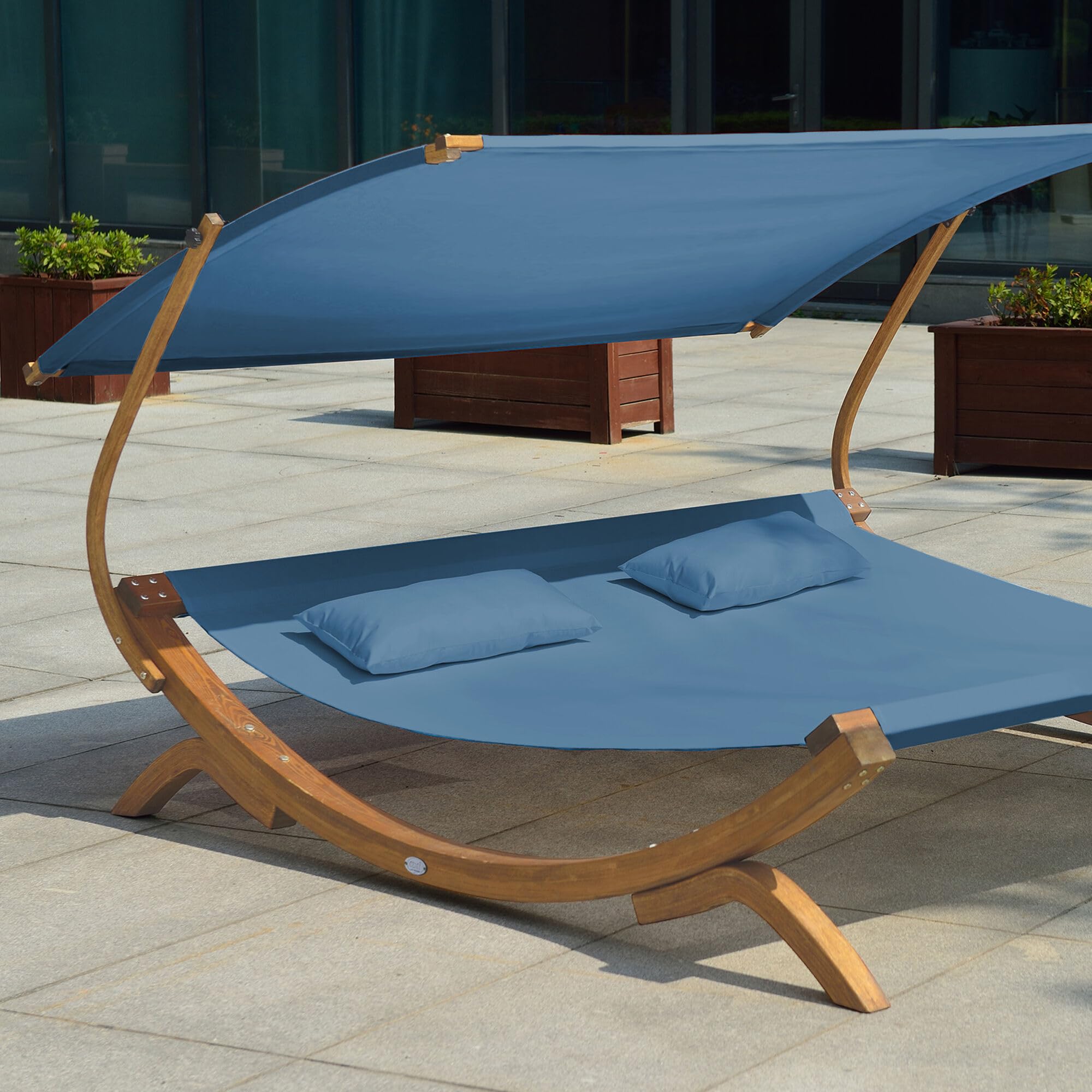AXI Mallorca Chaise Longue de Jardin en Bois pour 2 Personnes | Lit de Jardin XXL avec Toit Solaire pour l'extérieur | Bain de Soleil Double en Bleu