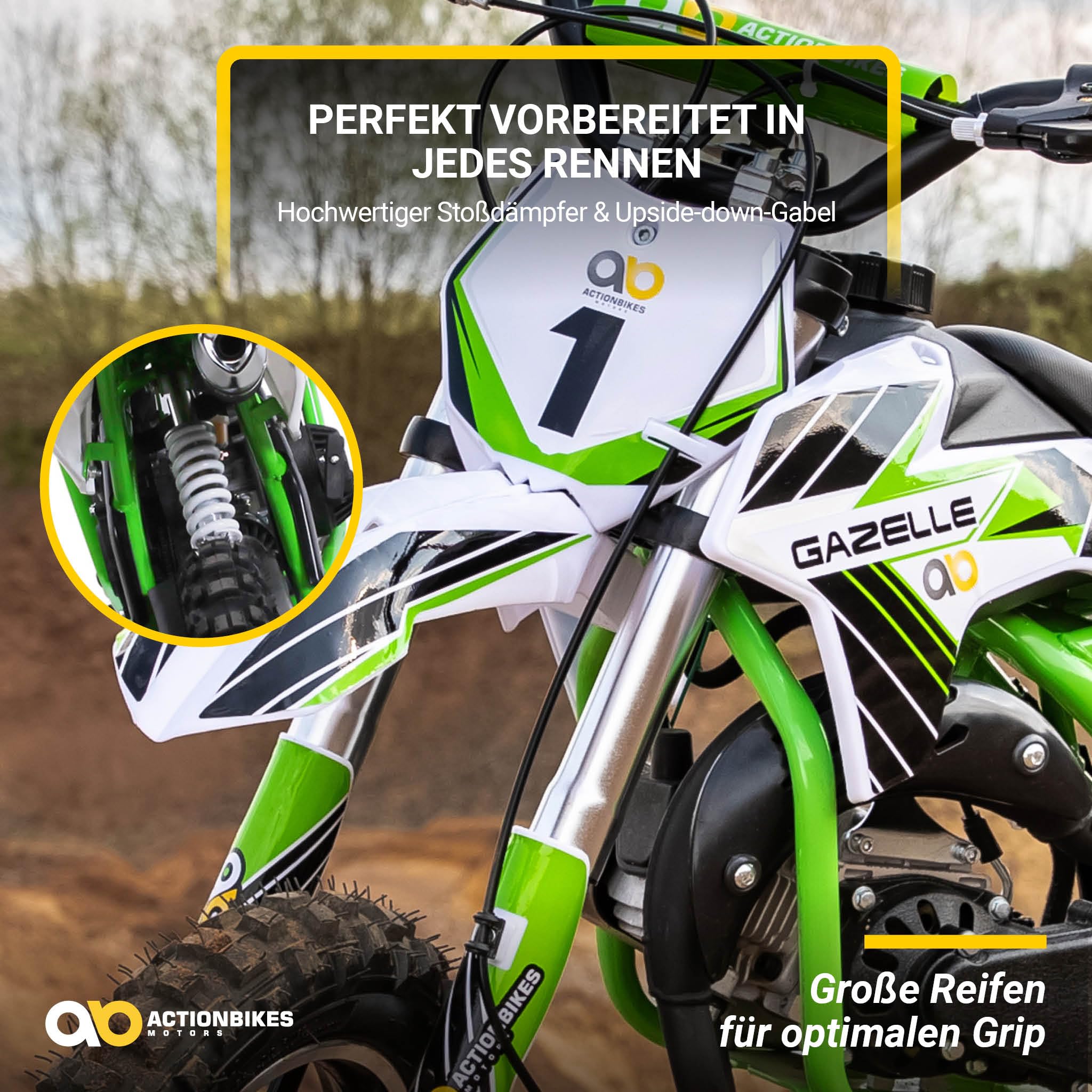 Actionbikes Motors Kinder Crossbike Gazelle | 2-Takt 49 CCM Motor bis 𝟑𝟓 km/h - Motorrad - Pocket Bike - Dirt Bike - Motocross - Pocketbike - Motorsport - Dirtbike - Enduro ab 8 Jahren