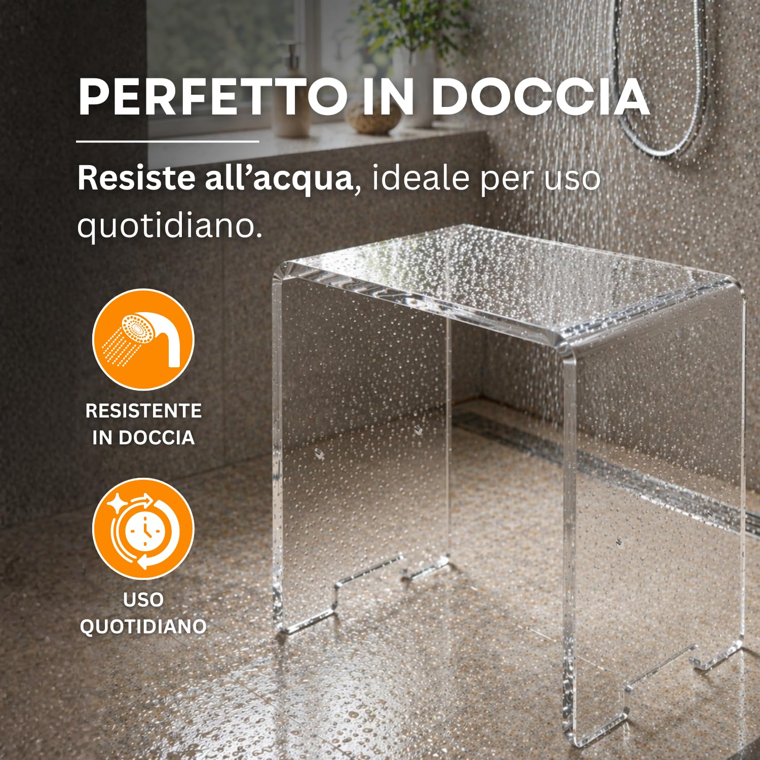 Agplex Sgabello Doccia in vetro acrilico plexig. 12mm misure 35x25x40 cm, sgabello bagno trasparente e resistente, design moderno multiuso per ogni ambiente - Made in Italy