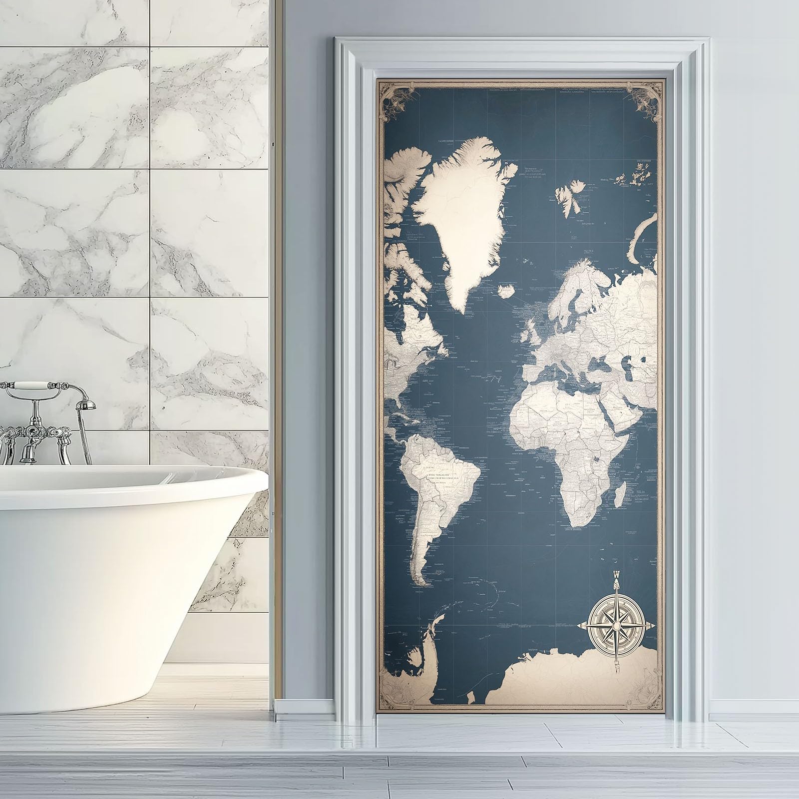 Naklejka na drzwi samoprzylepna, 80 x 210 cm, plakat na drzwi w stylu vintage - mapa świata, trwała i wodoszczelna, folia na drzwi, ciemnoniebieska, 3D "zrób to sam", naklejka na drzwi do toalety