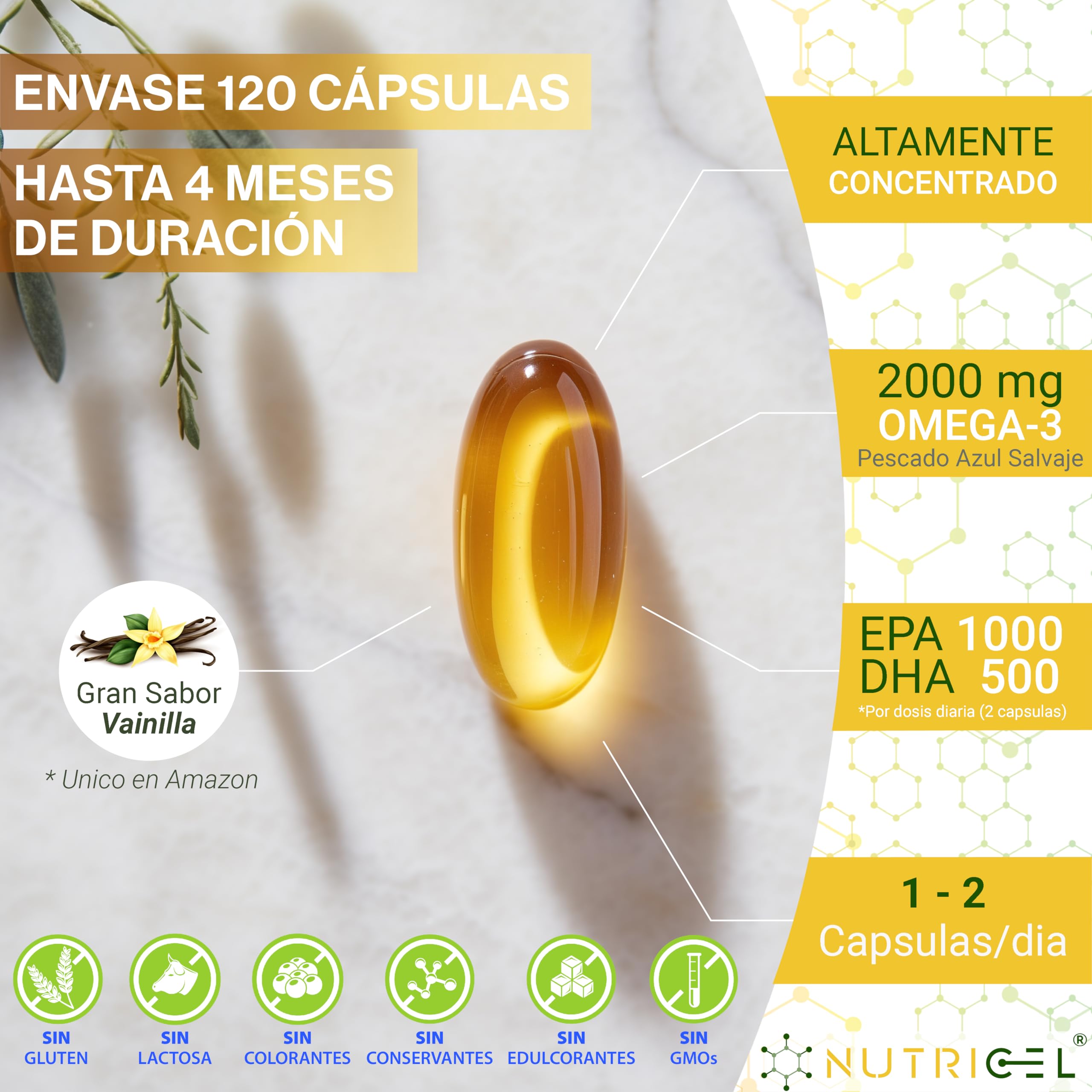 Omega 3 capsulas 2000mg por dosis diaria (2 cápsulas) EPA 1000mg + 500mg DHA - Sabor Vainilla - omega 3 epa y dha - Superconcentrado - Destilado Molecularmente - 120 cápsulas - Hasta 4 meses