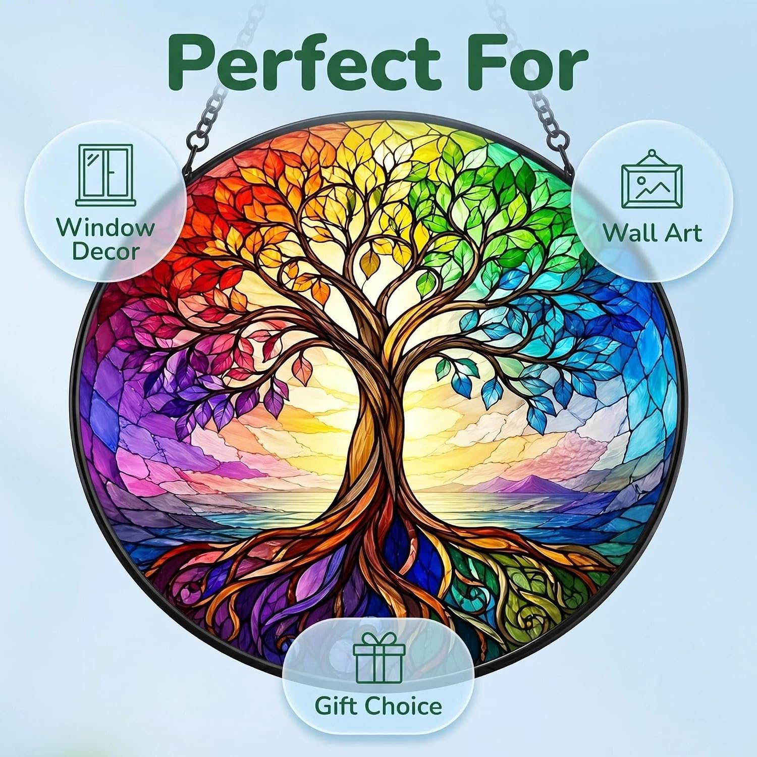 Tree of Life Stained Glass Window Hanging Suncatcher, Round Sun and Roots Glass Panel with Wildflowers and Mountain Landscape, Window Decor Gift for Women Mom Grandma (Red/Blue, 7.87inch)