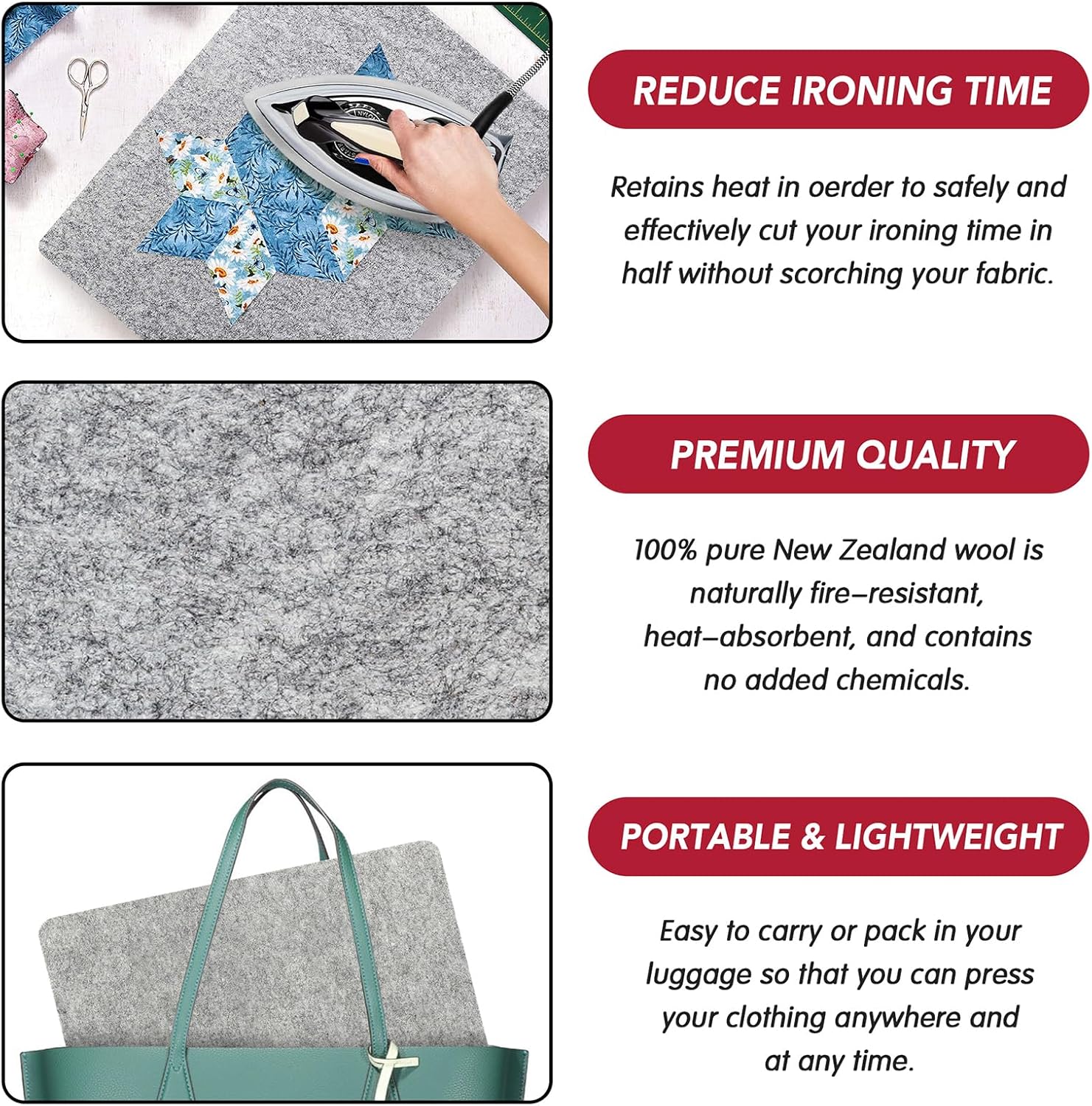 Wool Pressing Mat for Quilting, 100% Wool from New Zealand, Portable Felted Wool Ironing Mat Pad Blanket for Quilter, Sewing, Quilting Supplies and Notions 15''x12''