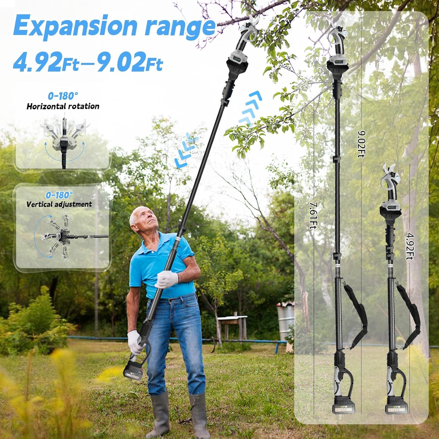 Electric Pruning Shears with Pole,Cordless Pruning Shears with LCD Display＆SK7 Blades-Adjustable Cutting Diameter0.59-1.2"＆21V 2 x 3.0Ah Rechargeable Batteries,LCD Display (Gray)