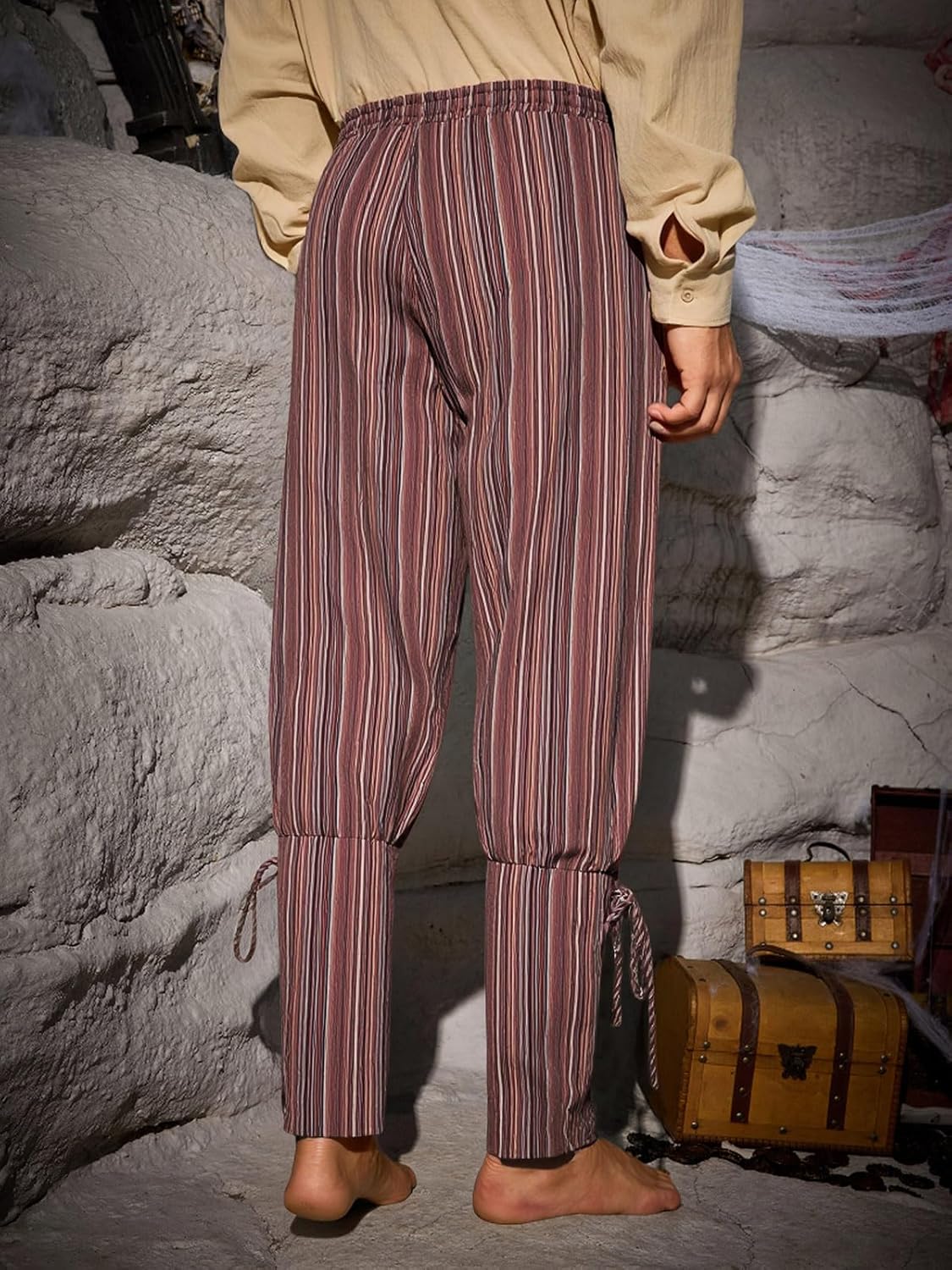 Runcati Mens Medieval Ankle Pants Renaissance Viking Navigator Pirate Pants Lace Up Striped Halloween Costume Trousers - Image 3