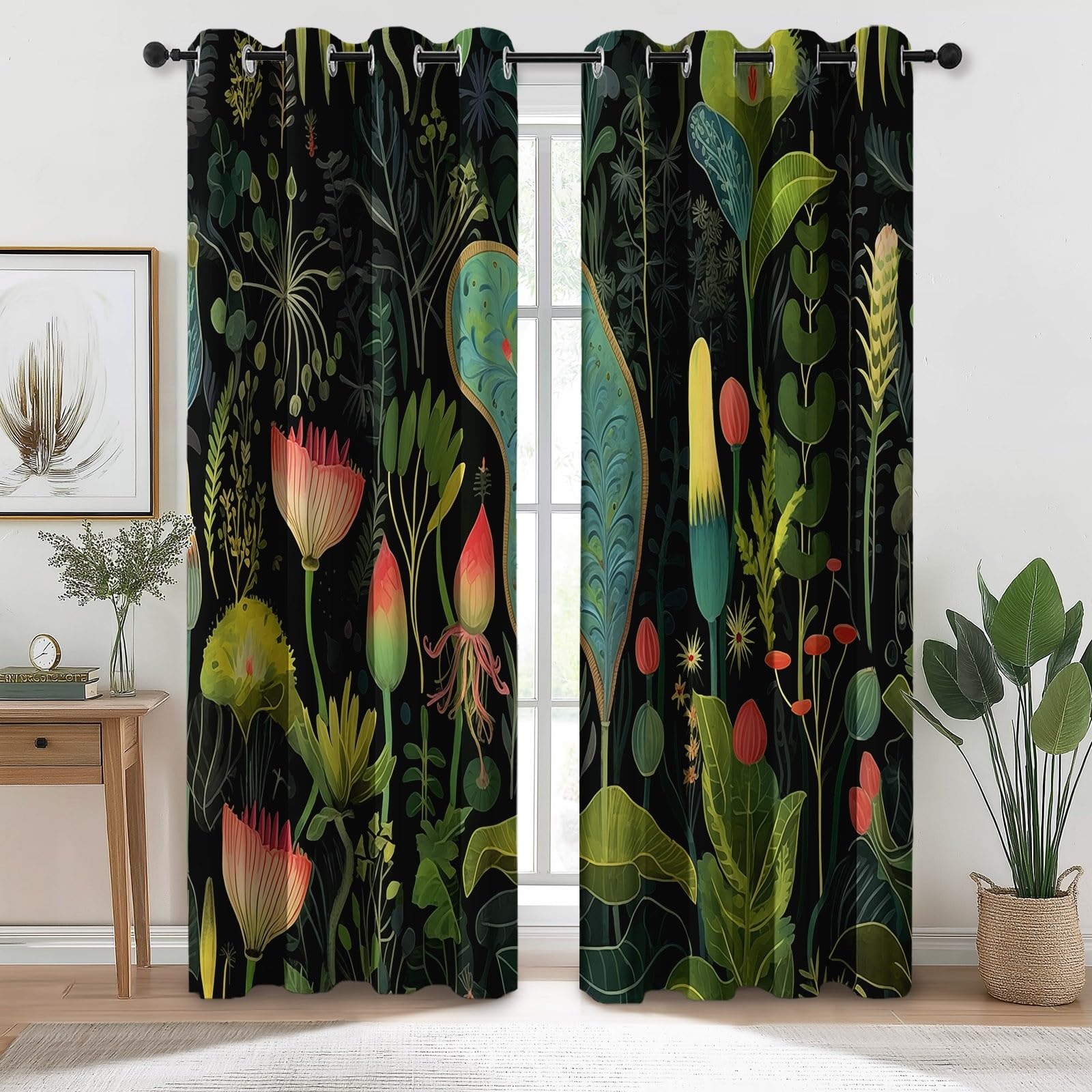 Rideaux Occultants pour Chambre Salon 140 L x 260 H cm (2 Panneaux), Fougères Tropicales Feuilles Imprimer Rideaux à œillets Opaques - Vert Foncé Double Rideau Isolant Anti-Bruit