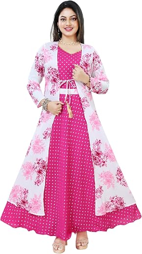 Yarnefy Girls Gown with Jacket | Ethnic Long Frock, Maxi Dress for Teens (12-17 Yrs) | Stylish Crepe Outfit with Golden Fo...