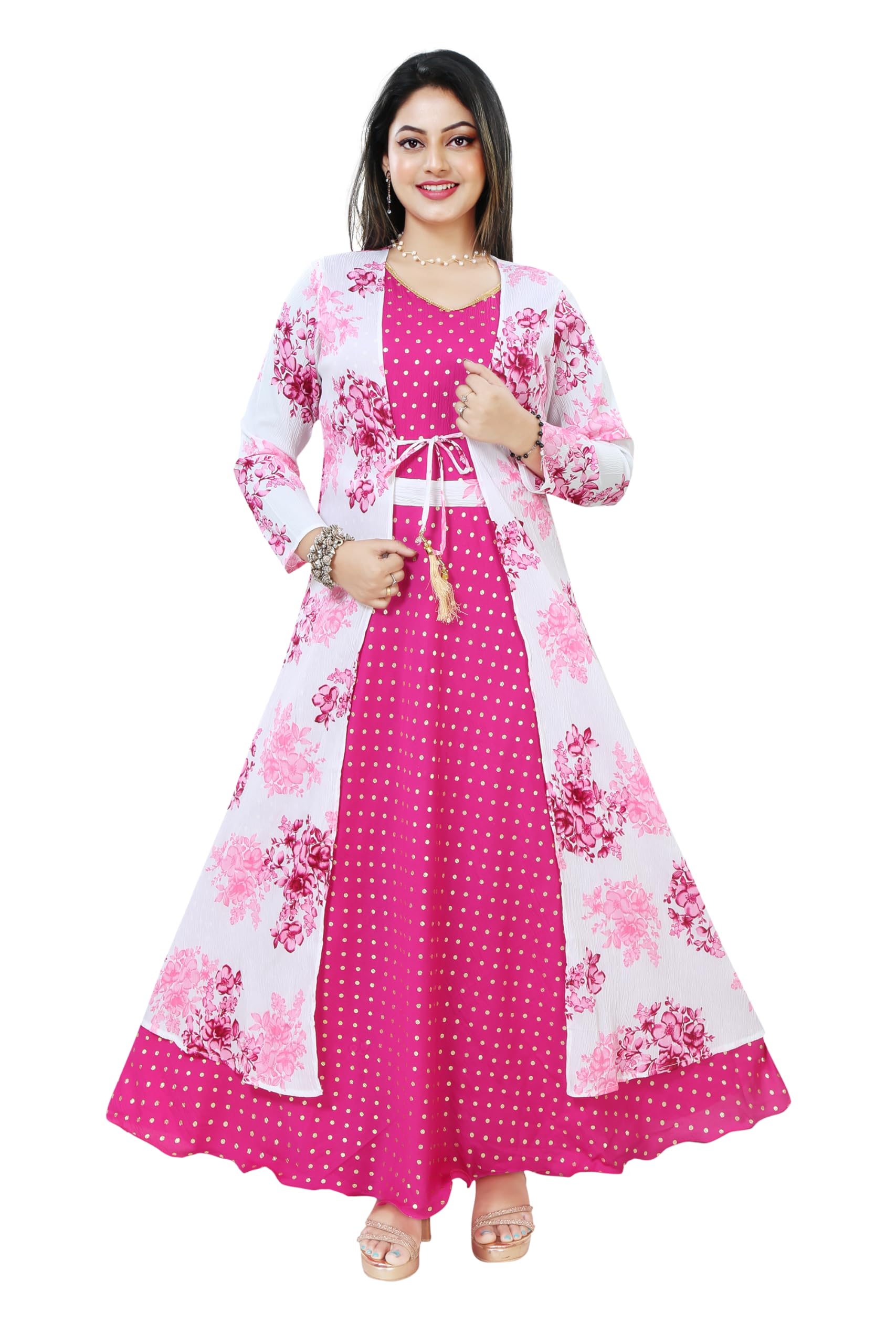 Women's Gown Maxi Dress with Jacket | Ethnic Long Frock Koti Shrug Style | Crepe, Foil Print, Festival, Party, S to XXL