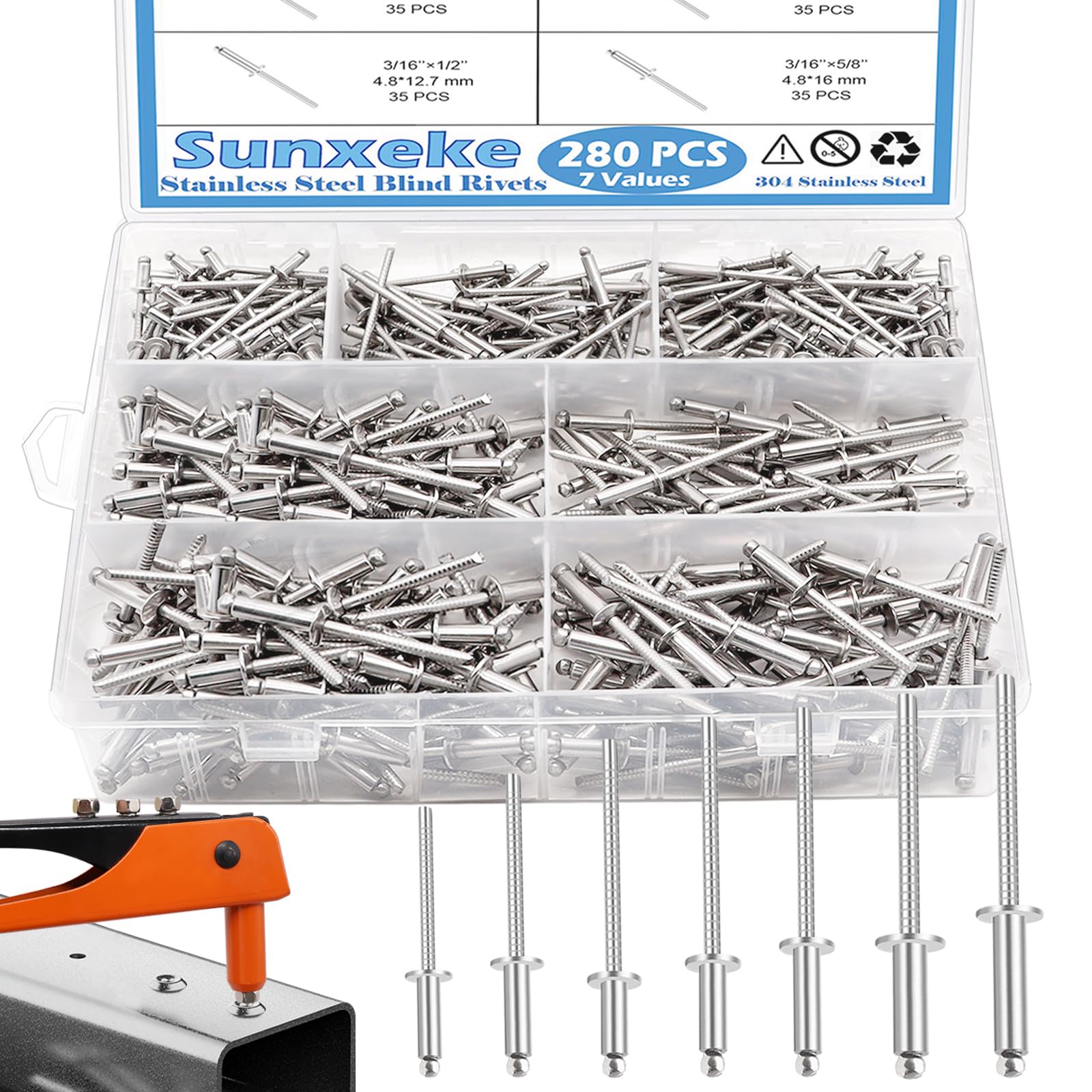 Snapklik.com : 280pcs 304 Stainless Steel Pop Rivets Assortment Kit,7 ...