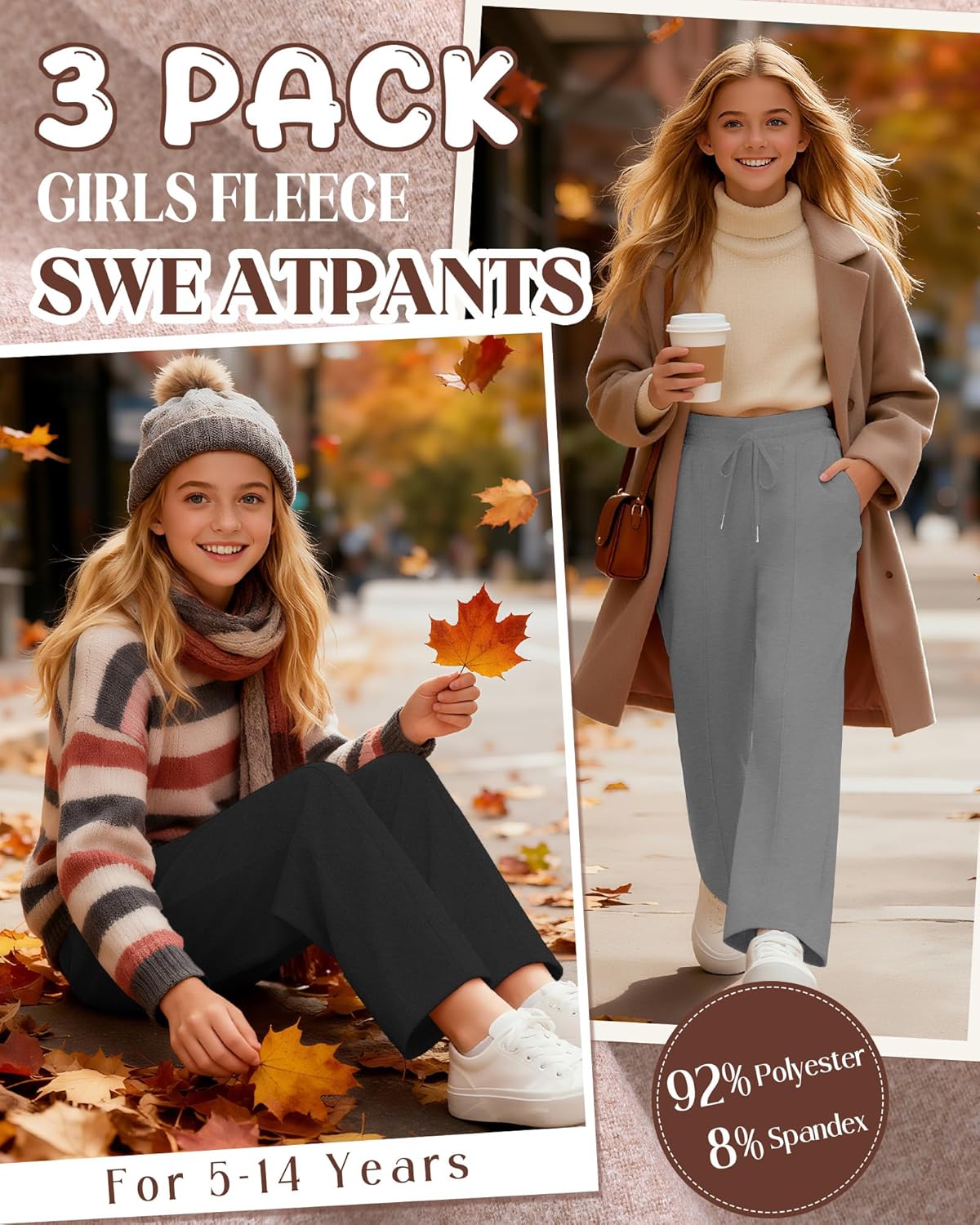 Girl's Fleece Lined Sweatpants, Wide Leg High Elastic Waist Jogger Straight Leg Baggy Drawstring Pants with Pockets - Image 6