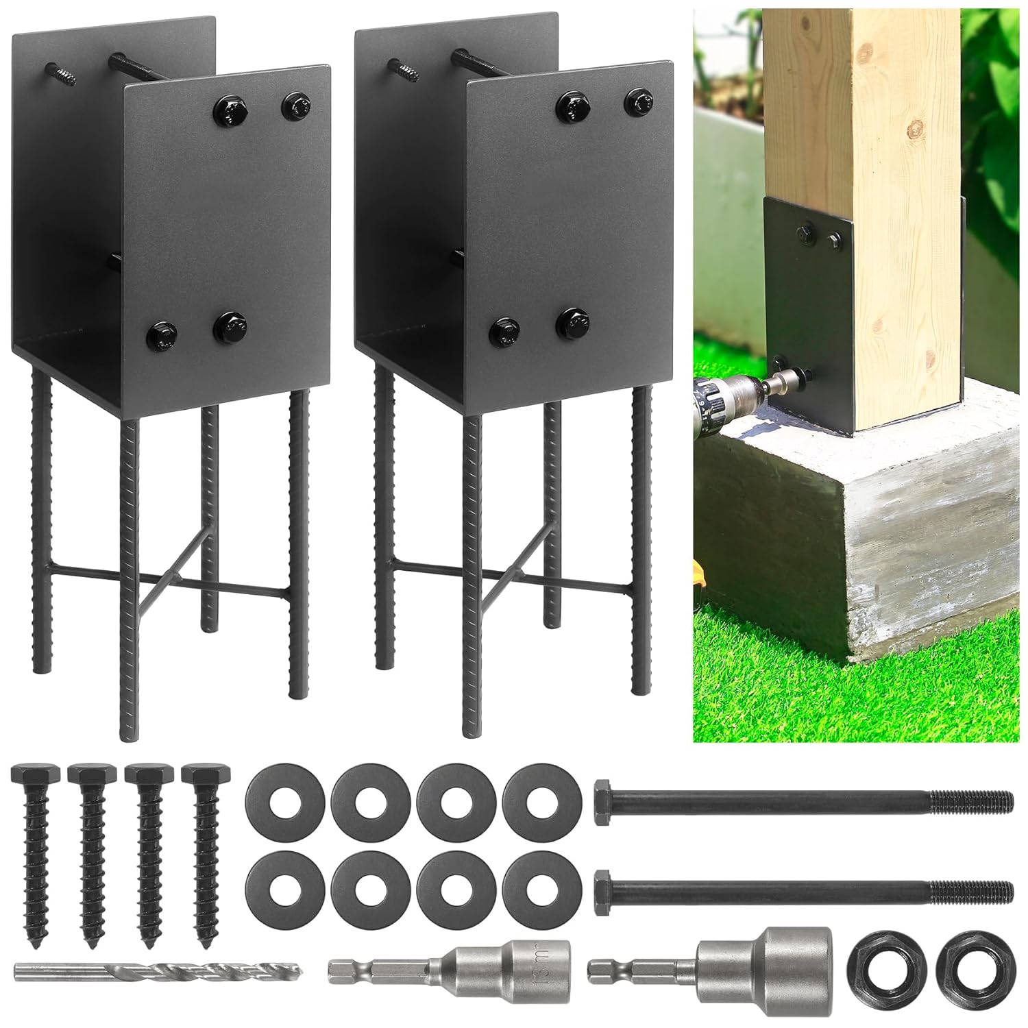 6"x6"(Actual 5.5"x5.5") Stainless Steels U-Shape Post Holder, Wet Concrete Post Anchor, Heavy-Duty Post Base Bracket for Fence, Deck Railing, Wood Gazebo, Pergola (2pack-Dark Gray)
