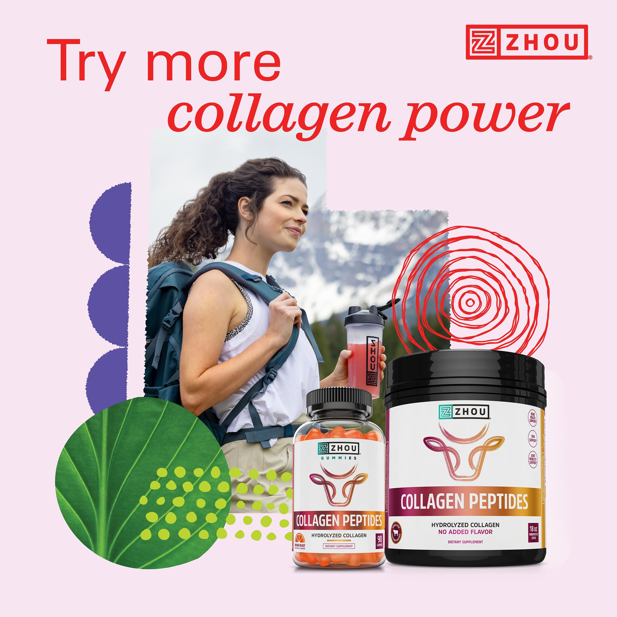 Zhou Collagen Peptides - Pure Hydrolized Collagen Powder for Women & Men, Grass Fed Natural Bovine Collagen for Skin, Hair Growth, Joints & Bones - 18 oz Jar (46 Servings)