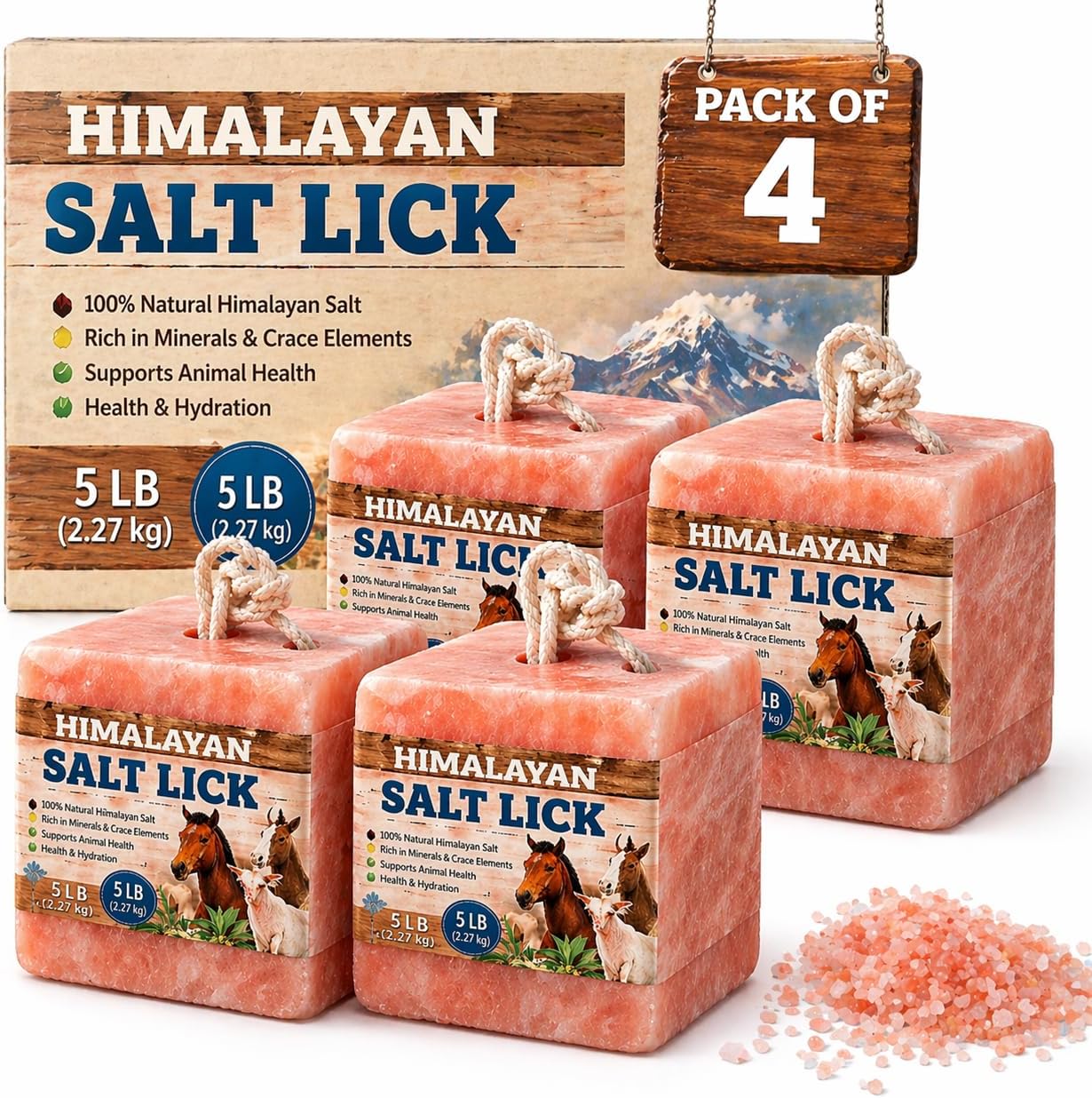 Himalayan Salt Block 4 Pack - 6 lbs Each. Himalayan Salt Lick on Rope for Horse, Deer, Goat, and Livestock Animals