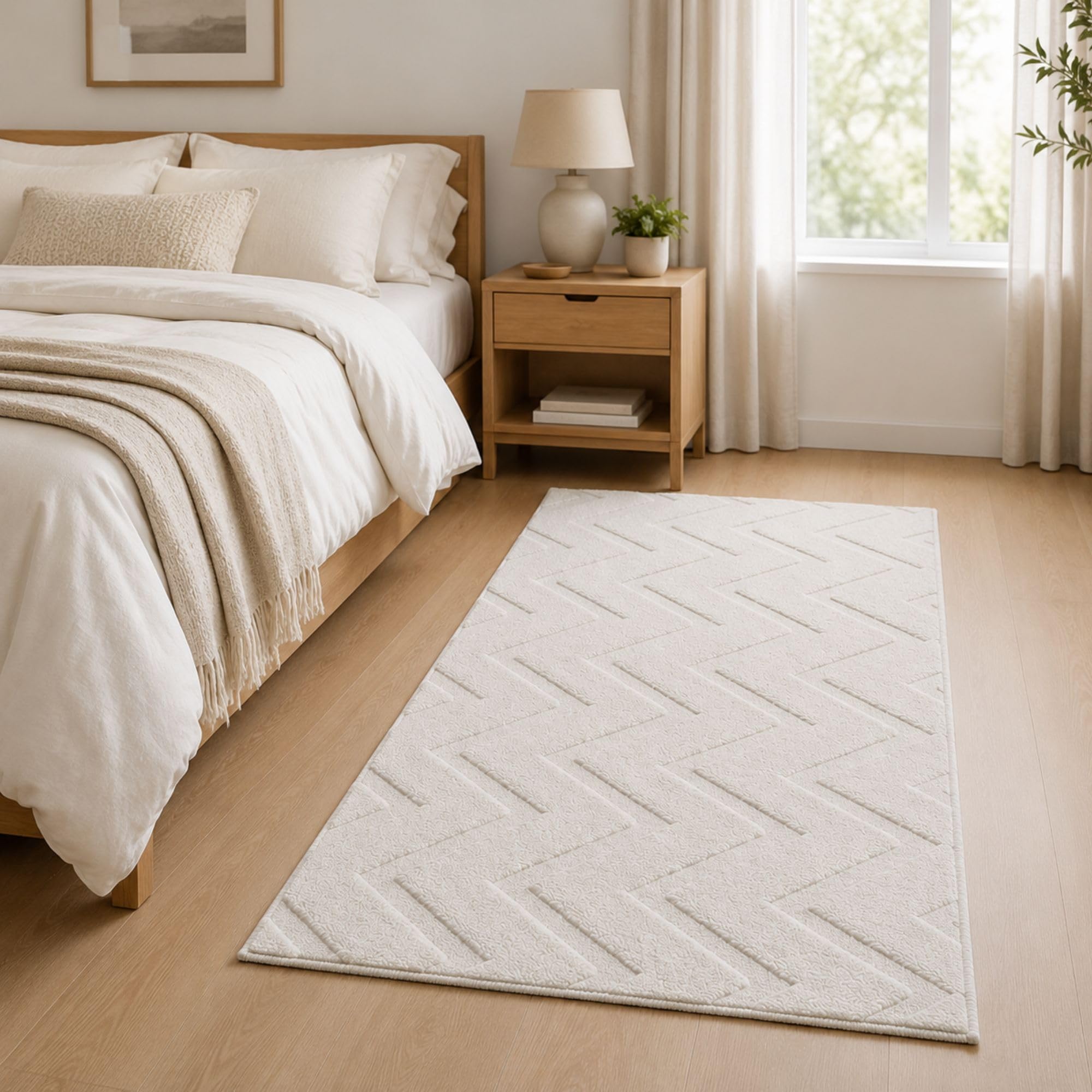 Aspire Homeware Small Rugs For Bedroom 60x110 cm – 100% Polyester Machine Washable Cream Rugs Living Room Anti Slip Bedside Carpet, Modern Zig Zag High Low Pile Rug For Kids Room Non Shedding