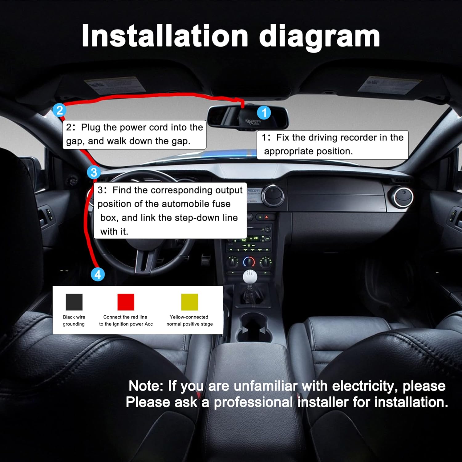 In-car installation diagram for dashcam hardwire kit
