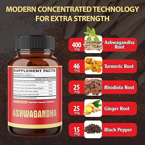 Miniatura 2 de 3 paquetes de 60 cápsulas – Suplemento Ashwagandha 5200 mg – 5 en 1 con jengibre, cúrcuma, Rhodiola Rosea y pimienta negra – Resistencia y apoyo a