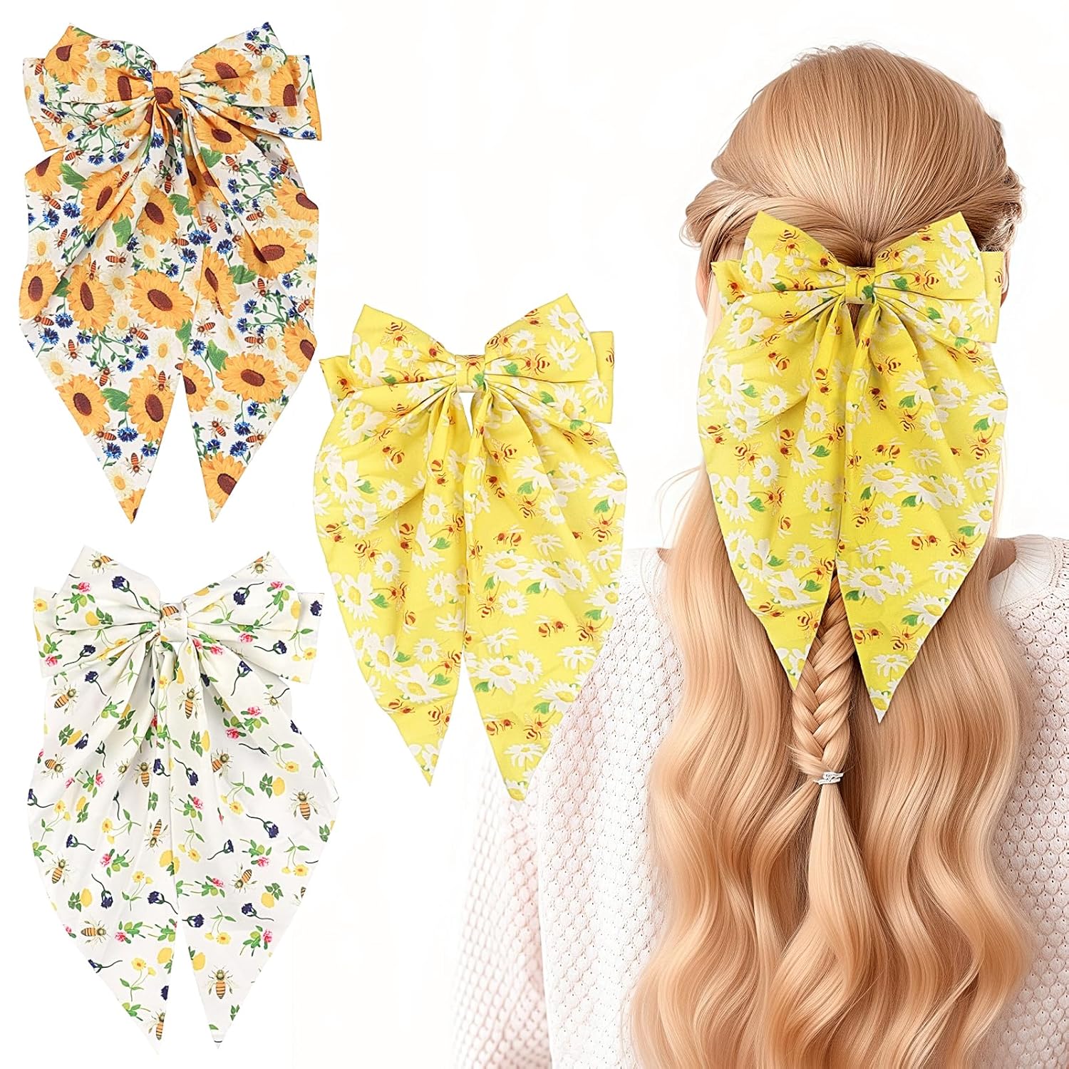 3 PCS Satin Hair Bows for Women and Girls Floral Bow Hair Clips for Thick Curly Hair Large Bowknot Hair Barrettes Sunflower Flower Print Nonslip Claw Hair Accessories