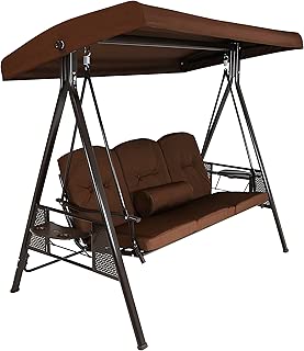 Sunnydaze 3-Person Outdoor Patio Swing Bench with Adjustable Tilt Canopy, Durable Steel Metal Frame, Cushions and Pillow Included, Brown - coolthings.us