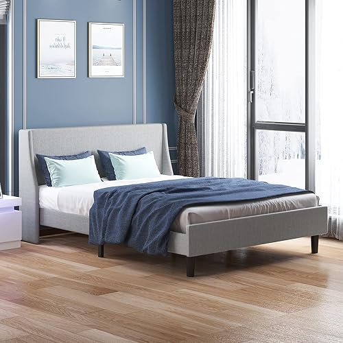 Miniatura 8 de BALUS Marco de cama de tamaño matrimonial, marco de cama moderno con cabecera tapizada y soporte de listones de madera con respaldo de ala ancha, no