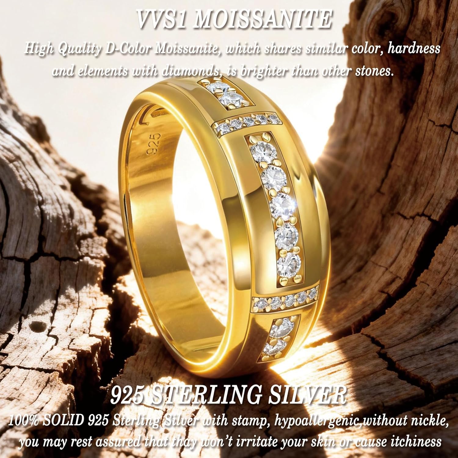 Moissanite Mens Wedding Band D Color VVS1 925 Sterling Silver Ring Promise Rings For Him Round Cut Engagement Eternity Size 5-17 - Image 2