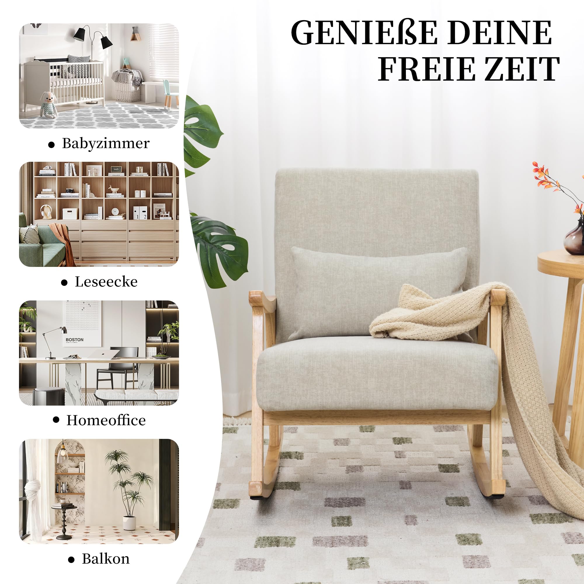 fotel bujany w stylu mid-century modern z poduszką lędźwiową, tapicerowany, z drewnianymi podłokietnikami i nogami, wygodny fotel do salonu, sypialni i pokoju gościnnego, Szary