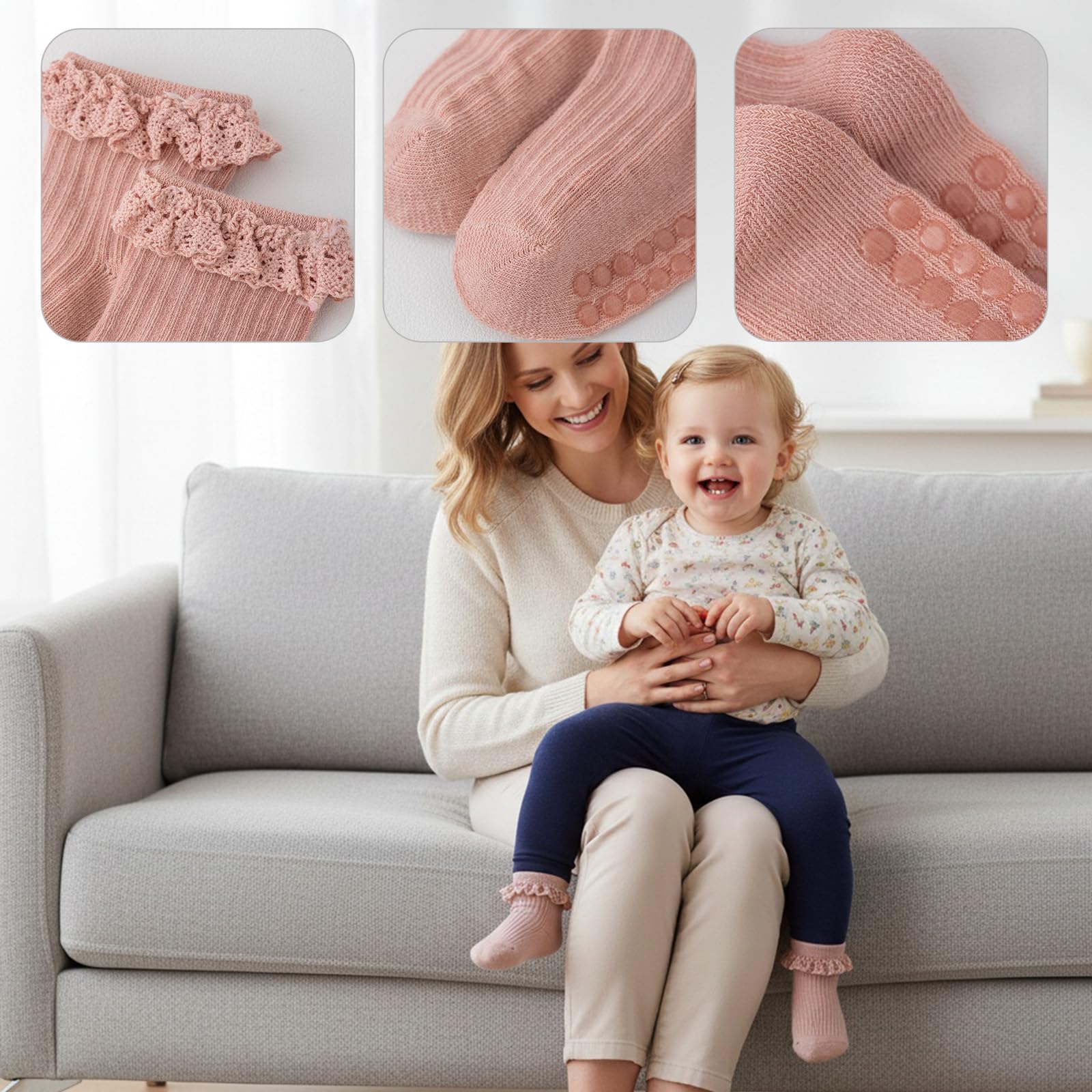HDFHDF 6 Pairs Socks Kids Baby Girls Anti Slip Floor Spring and Autumn Cotton Learning to Walk Unsteadily Lace — view 5