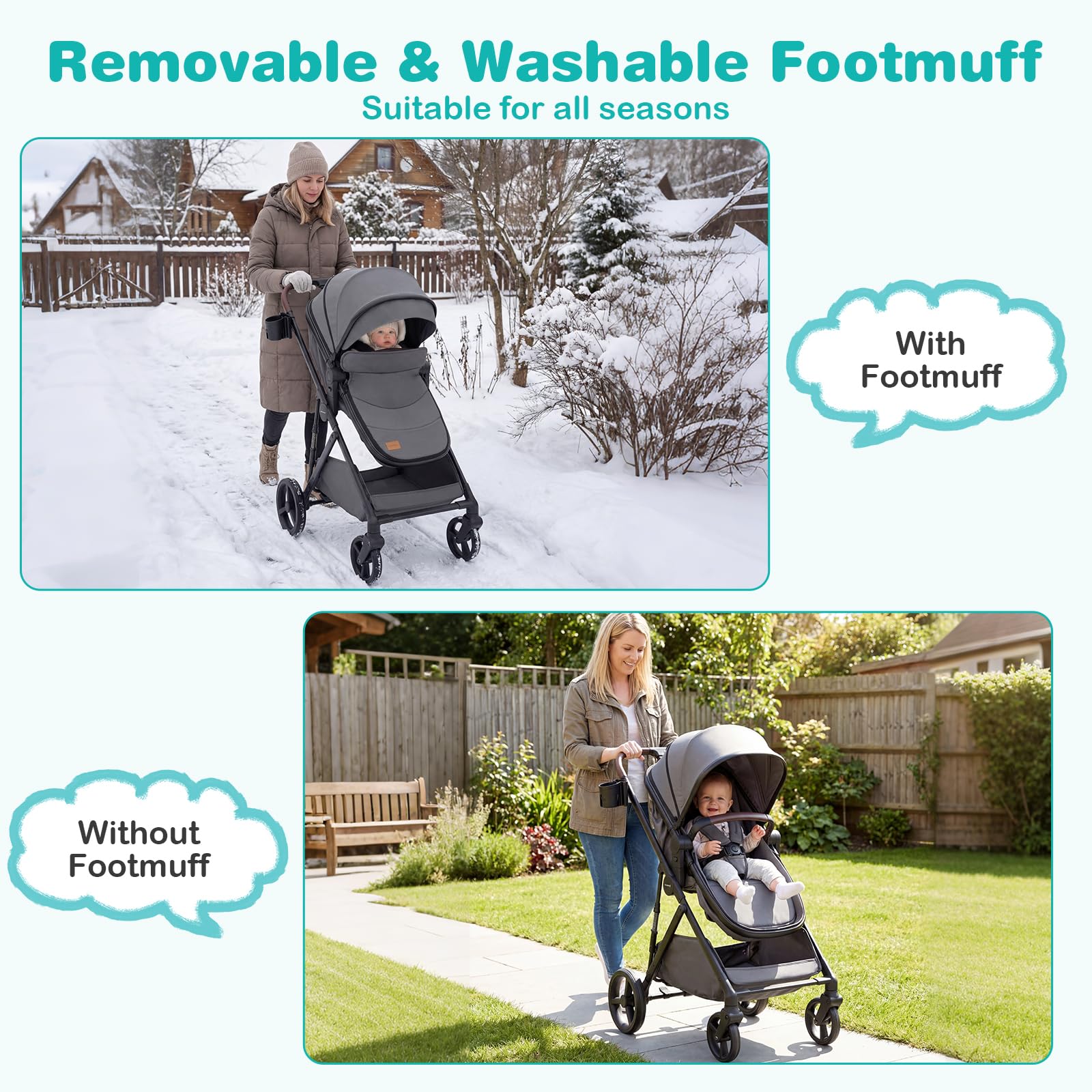 COSTWAY 3 in 1 Baby Stroller, Foldable Travel System Pram with Reversible Seat, Adjustable Canopy & Backrest, Mesh Net, Storage Basket, Lightweight Infant Newborn Pushchair for 0-36 Months (Grey) — view 7
